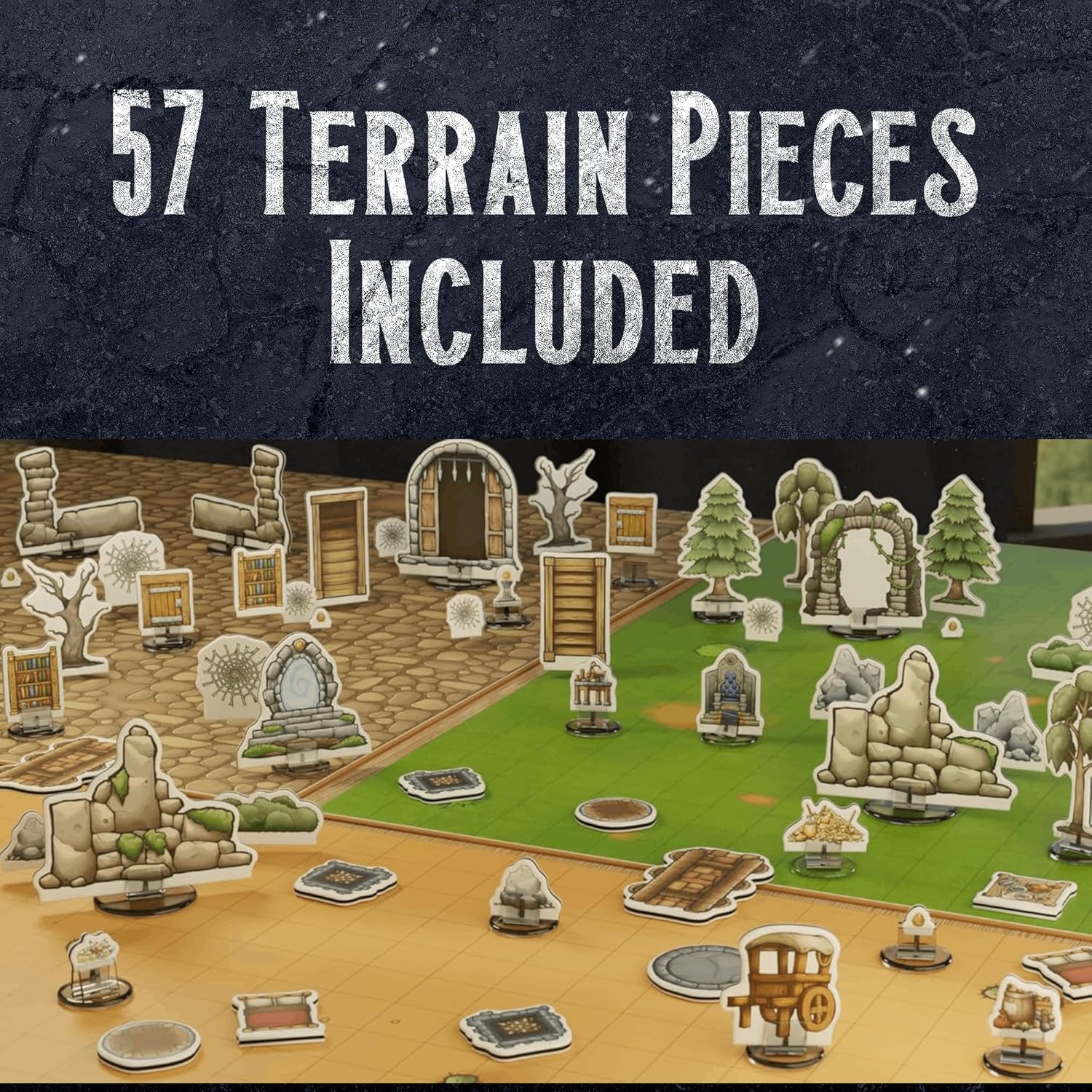 DND Map Starter Set + Terrain Minis | 24" x 24" Double Sided | Wet/Dry Erase with Grid | + Bonus 57x Terrian Miniatures. Markers Included. (6 Battle Map Bundle + Terrain Pack)