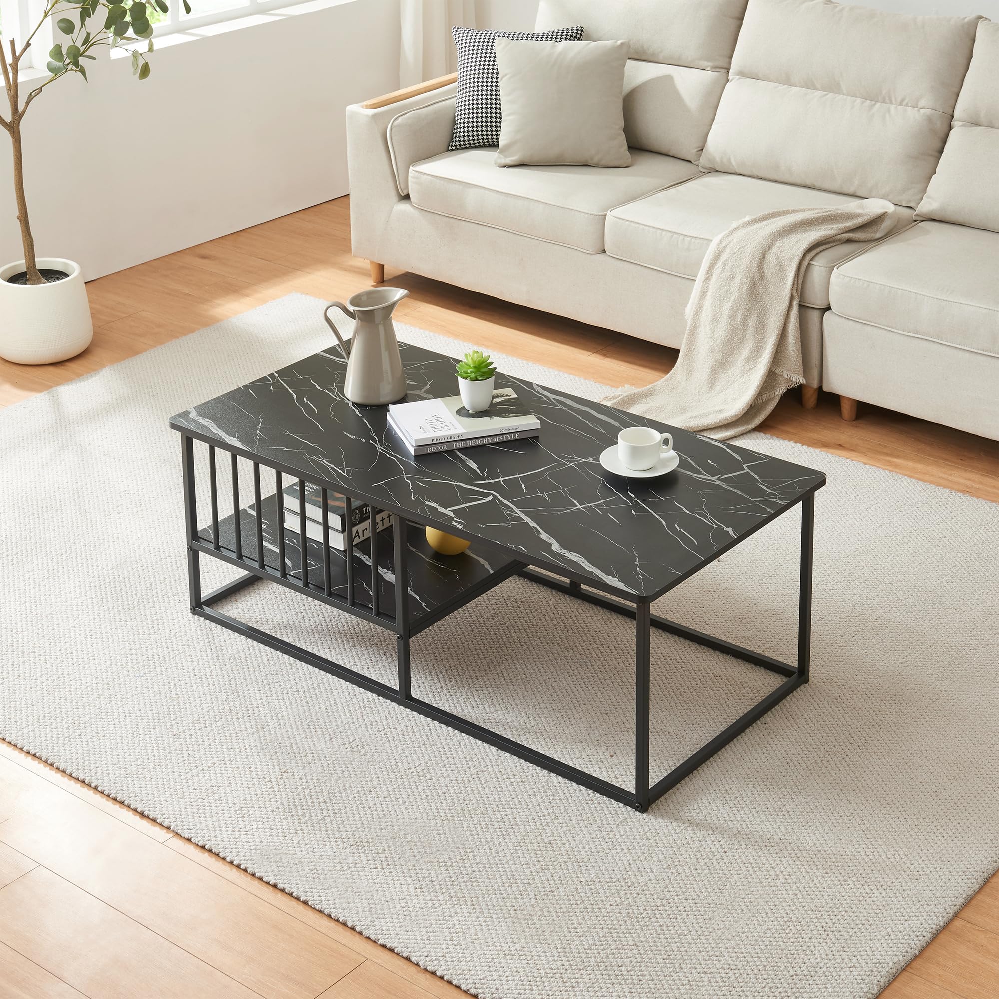 [en.casa] Couchtisch Raukurg Sofatisch mit einem Ablagefach Wohnzimmer 120 x 60 x 44 cm rechteckig Metallgestell Marmoroptik, schwarz