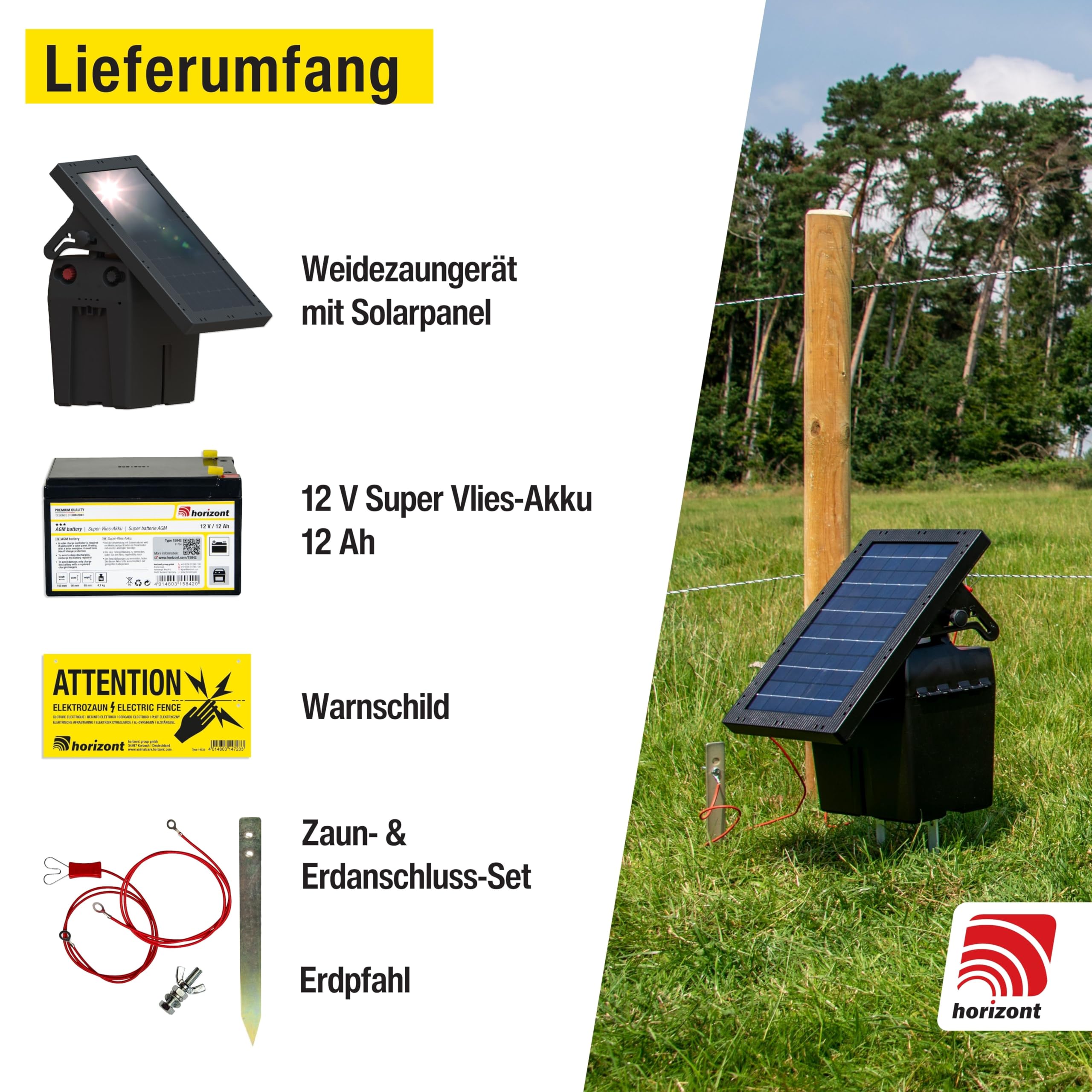 horizont shockstar S70 Solar-Weidezaungerät 12 V bis 12km, inkl 12 Ah Akku | 10W Solarpanel, 11.500 V maximale Spannung, mit 3 stufiger LED-Anzeige, Elektrozaungerät für Weidezaun