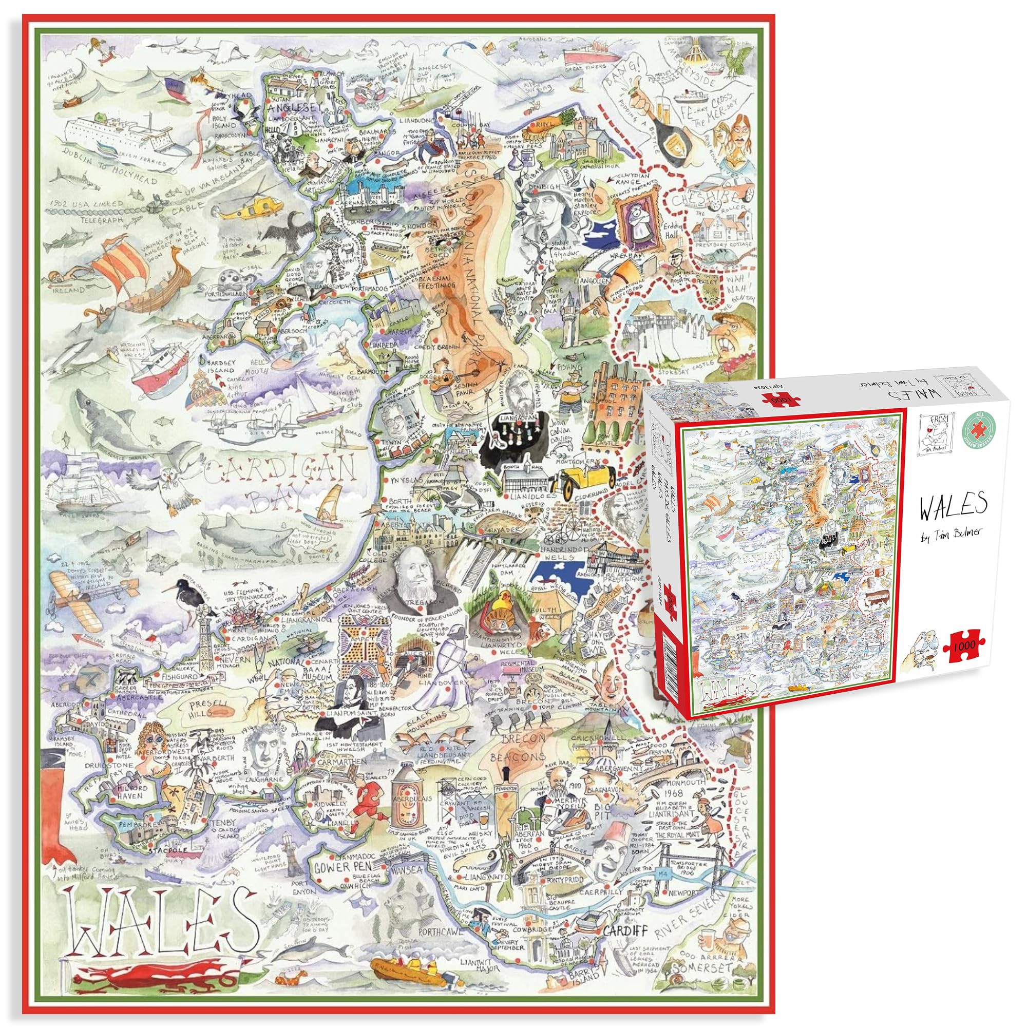 Comical Map Of Wales, Artwork By Tim Bulmer - 1000 Piece Puzzle For Adults, Large Puzzle 66cm X 50cm In Size. Challenging To Complete But Fun And Humorous. Makes A Great Gift For Birthdays