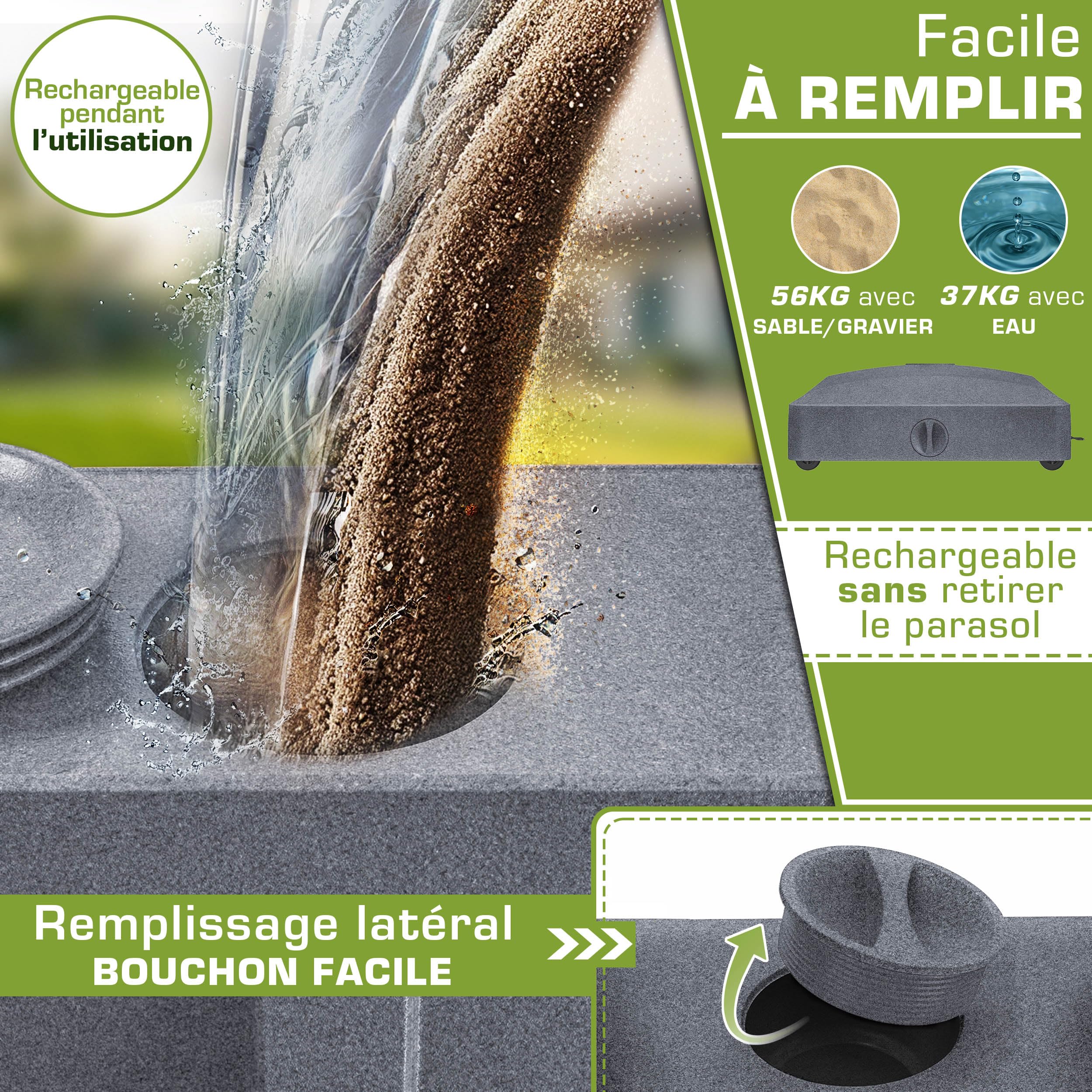 tillvex® Pied de parasol PAVERA à roulettes et freins | Support de lestage parasol à remplir 37L/56kg | Poids pour parasol droit et de marché Ø1,8-3,7m | Résistant aux intempéries et UV (Effet Granit)