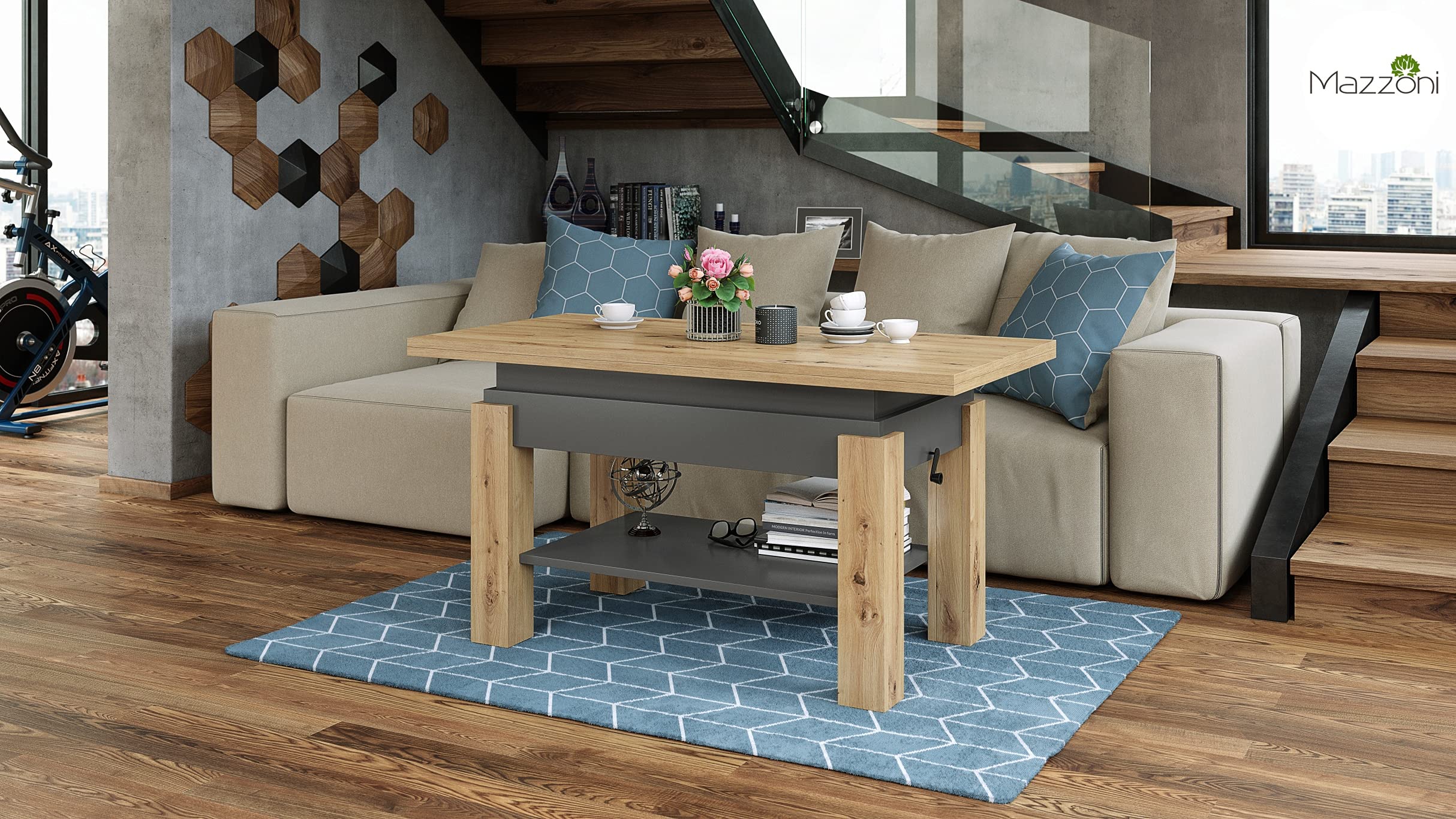 designimpex Design Couchtisch Tisch Arbeitstisch Brawo höhenverstelbar aufklappbar, Farbe:Eiche Artisan - Anthrazit matt