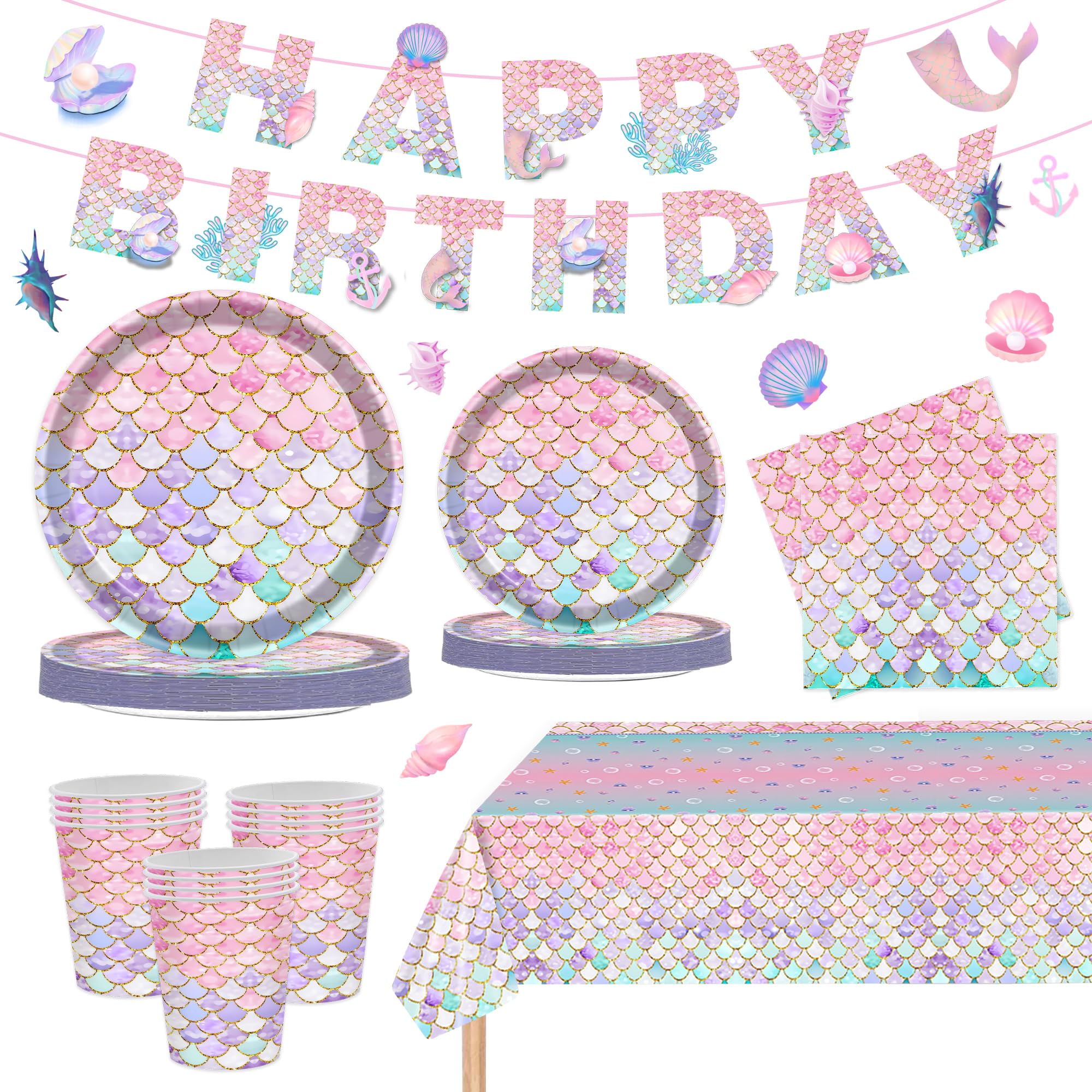 JQSSHXB Mermaid Birthday Party Decorations Set Mermaid Birthday Party Supplies Includes Mermaid Plates Napkin Cup Tablecloth Banner for Baby Shower Ocean Little Mermaid Party Decorations, Serve 25