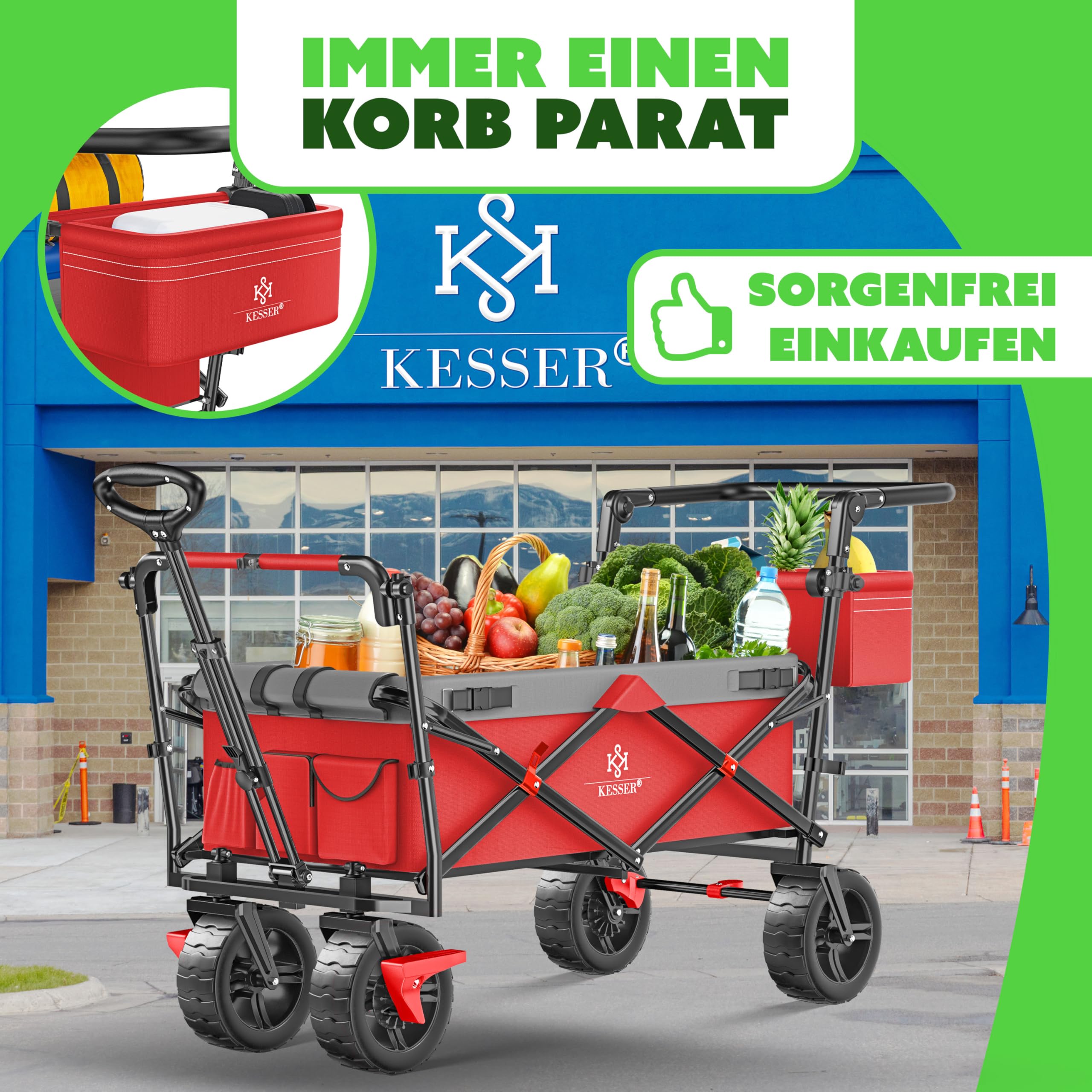 KESSER® Bollerwagen faltbar GT9000 Handwagen mit Dach | Transportwagen max. belastbar bis 150kg mit Hartgummi-Räder & Feststellbremsen (Vorne & Hinten) | Inkl. Schloss, Abdeckung, Wetter & Sichtschutz