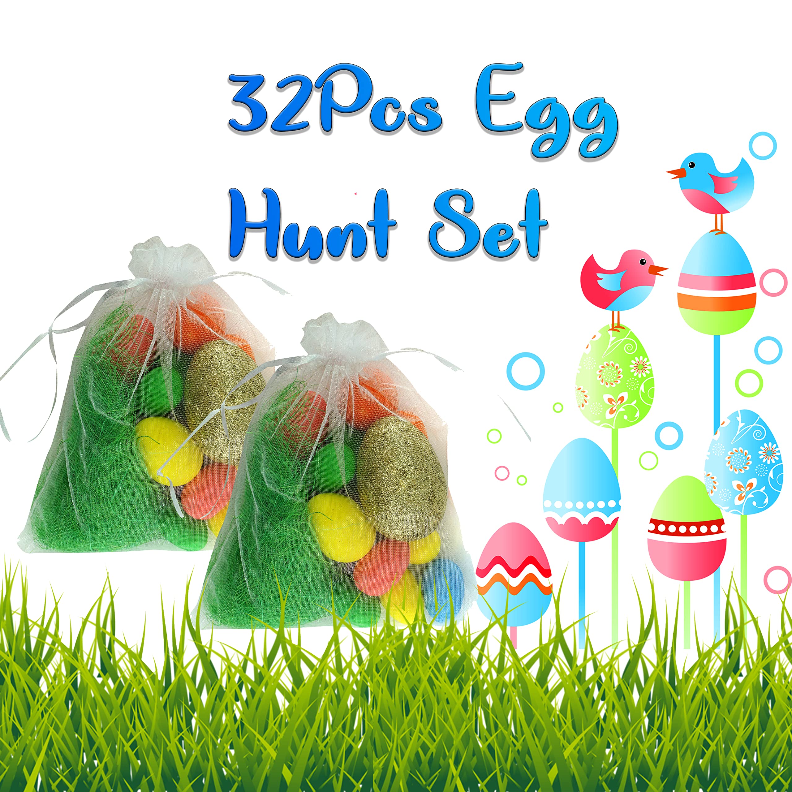 32PCs Glitter Easter Eggs Decoration, Large Golden Eggs with Coloured Glitter Eggs and Grass - Image 4
