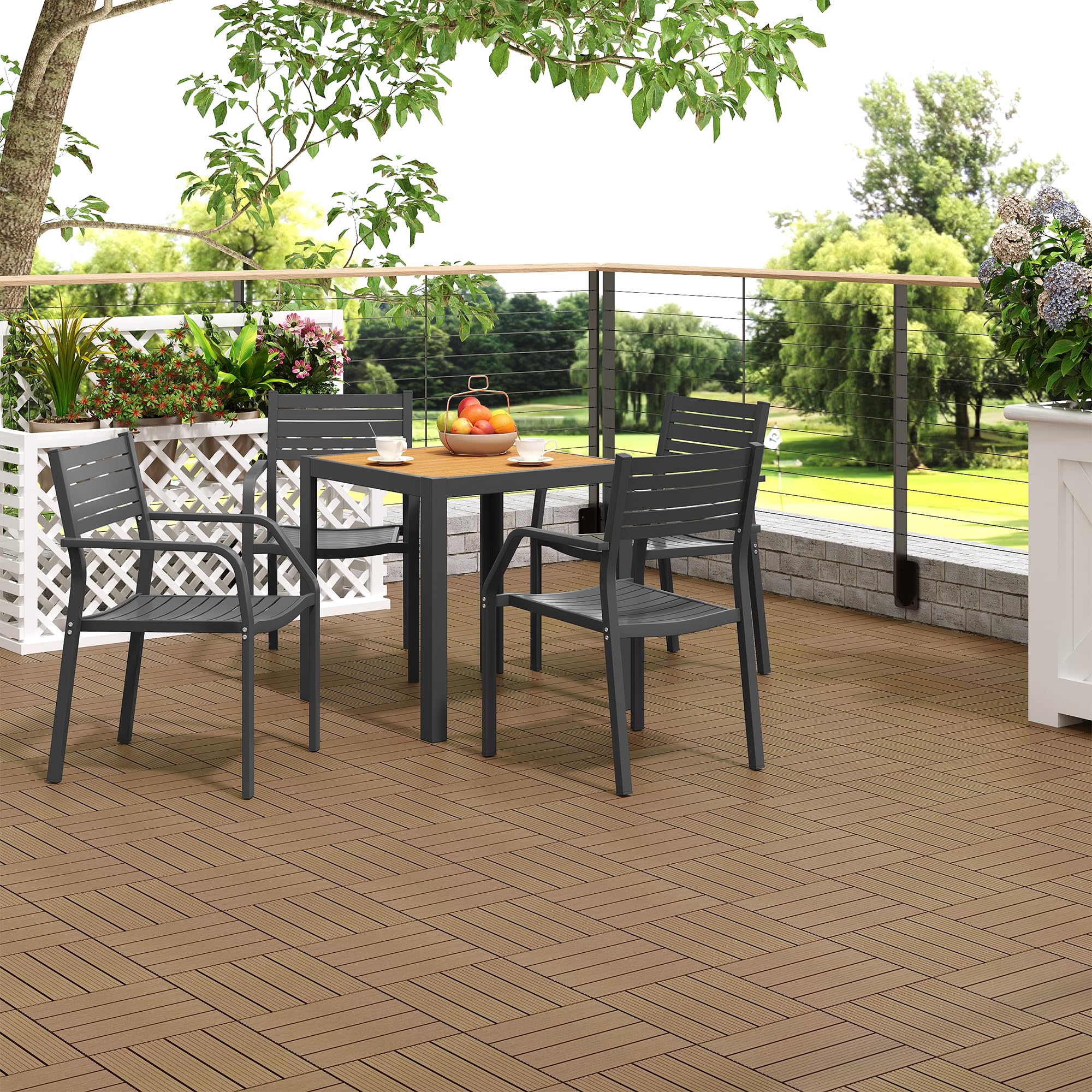 Laneetal Lot de 11 Carreaux de Terrasse à Lattes en WPC, Dalle de Terrasse Clipsable en Composite à Emboîtement, Carreaux Extérieur pour Jardin, Patio, Balcon, 30x30cm, Brun clair