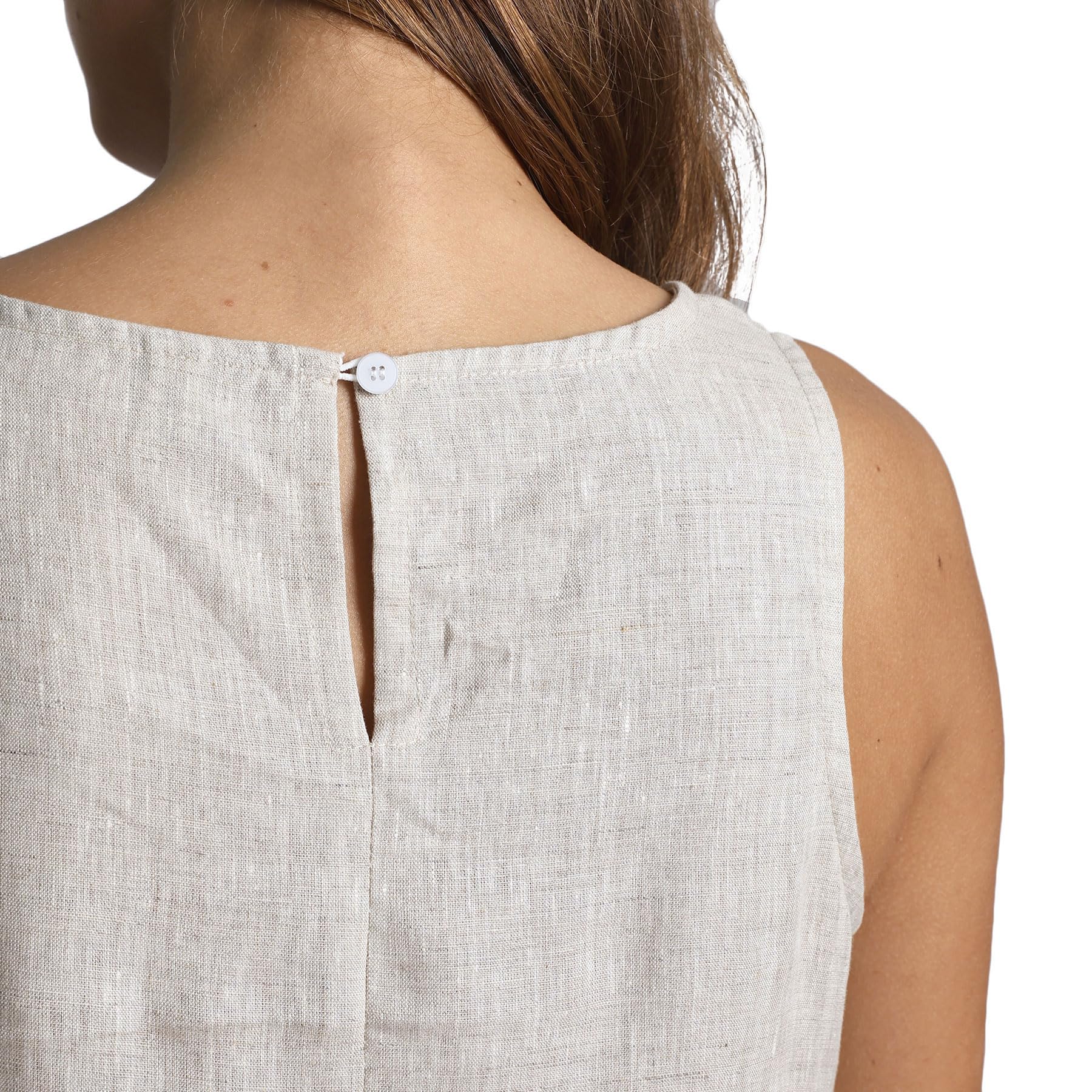 Amazhiyu Abito in lino, da donna, senza maniche, estivo, in lino, con linee A, per il tempo libero, girocollo, lunghezza al ginocchio, con tasche