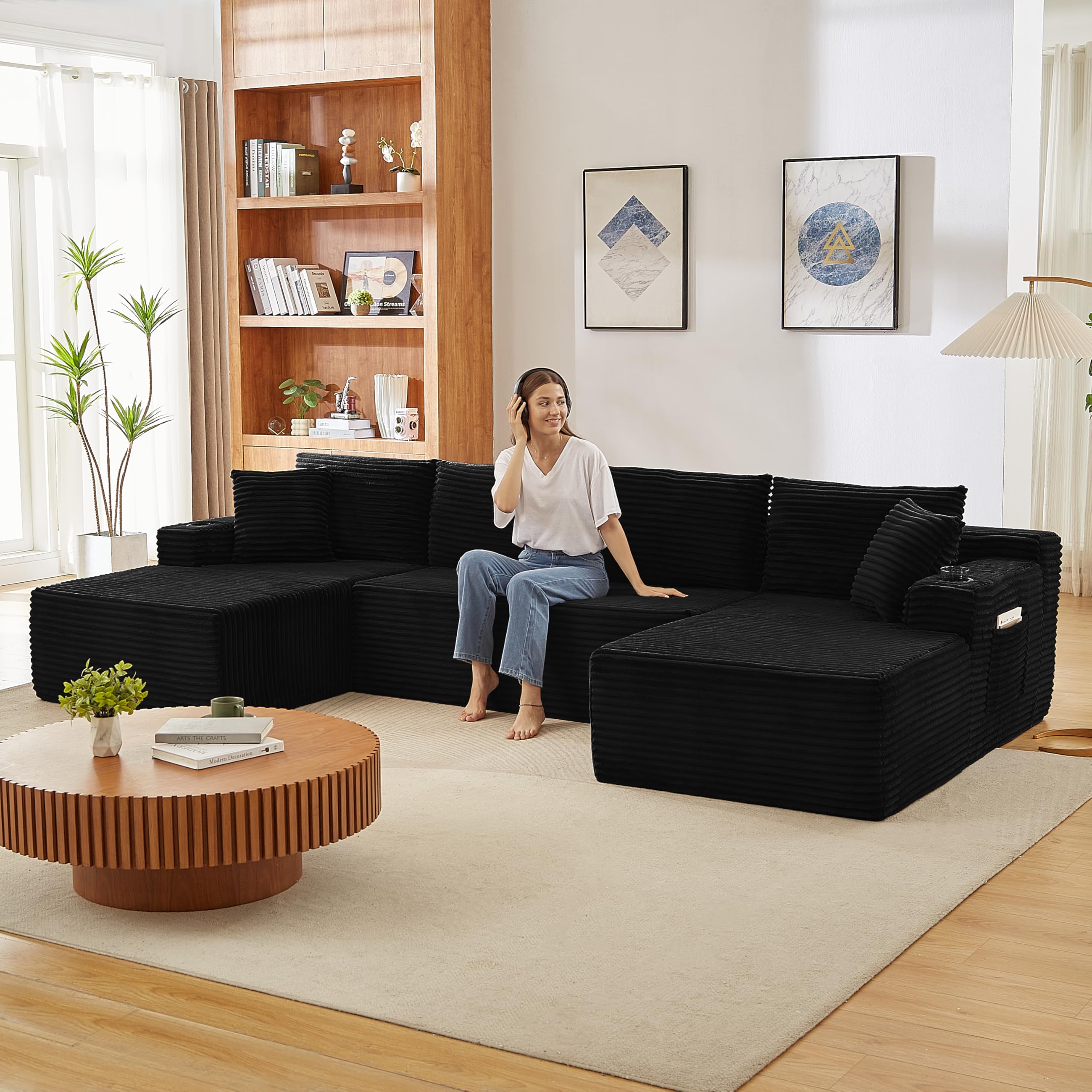 Bladez Divano angolare modulare a 4 posti, a forma di U, divano letto nero