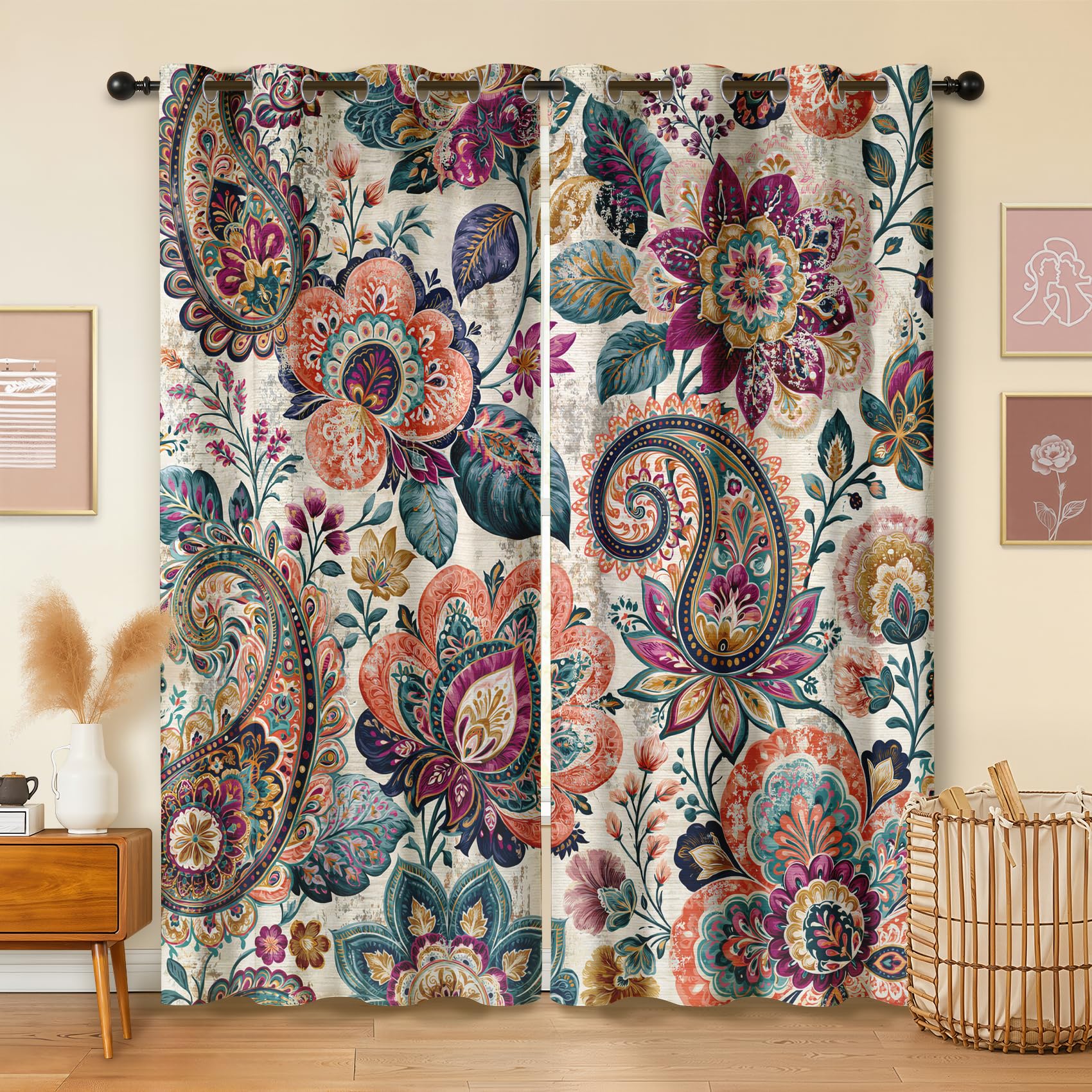 Havenix Vintage Ethnic Multicoloured Paisley Blackout Curtains for Bedroom Living Room, Indian Style Floral Curtains 90x108, Thermal Insulated Eyelet Drapes for Windows, 2 Panels