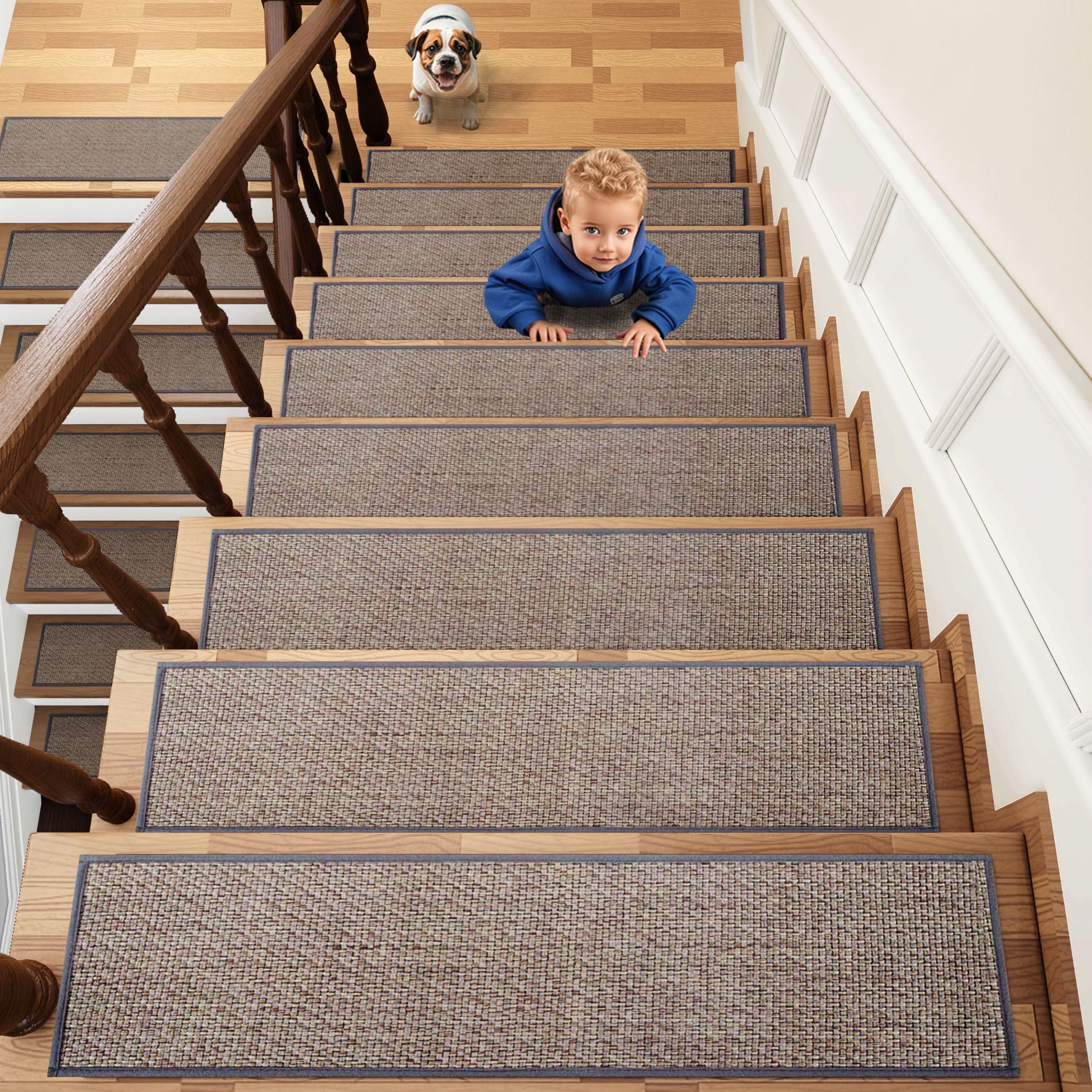 Non Slip Stair Runners for Wooden Steps, 15 Pack Rubber Backing Carpet Stair Treads for Wood Cover Indoor, Thicken Linen No Residue Rug Covers for
