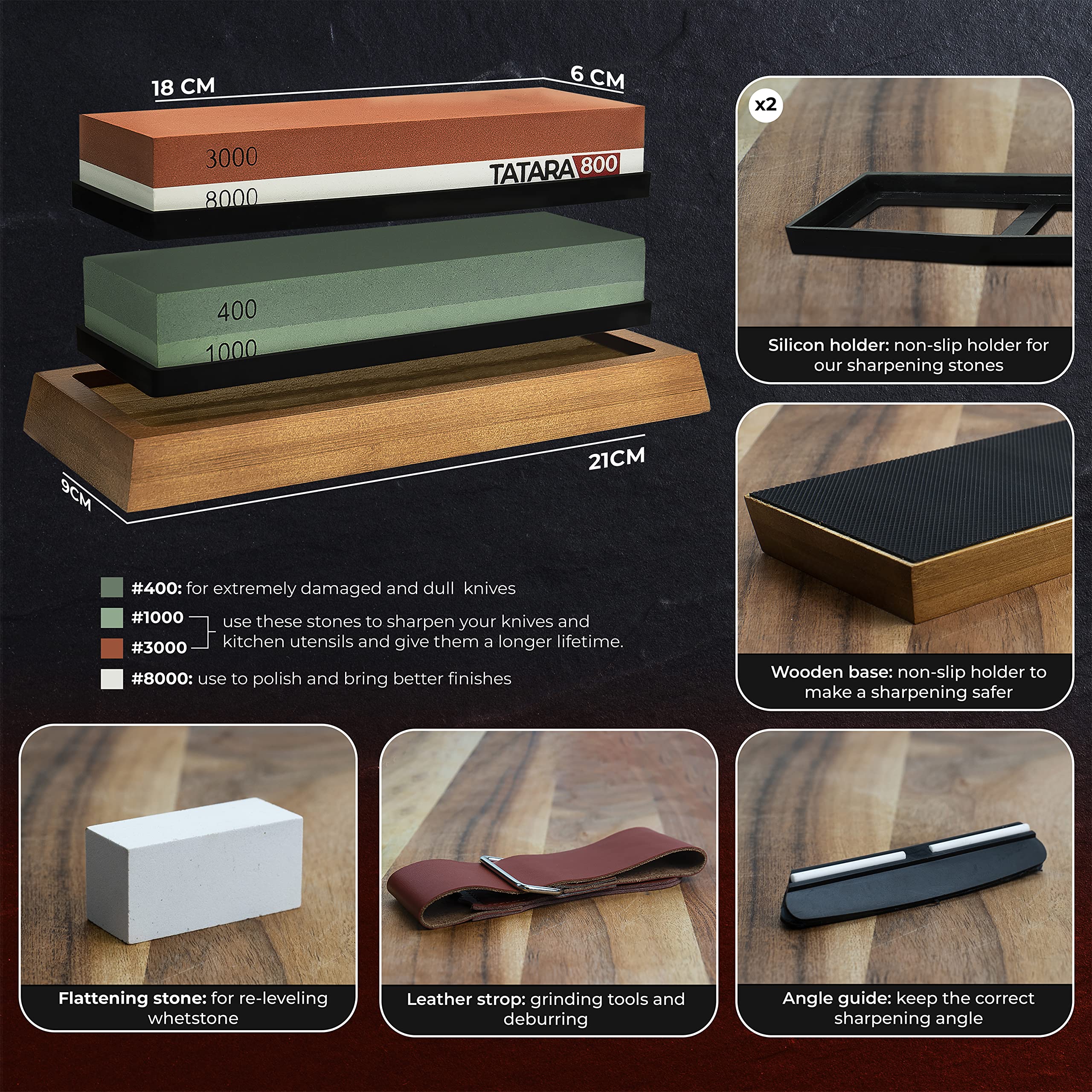 Pietra per affilare coltelli 400/1000 & 3000/8000 - x2 Pietre, base legno antiscivolo, guida per affilatura, pietra lucidante, nastro in pelle ed elegante confezione regalo (kit pietra per affilare)