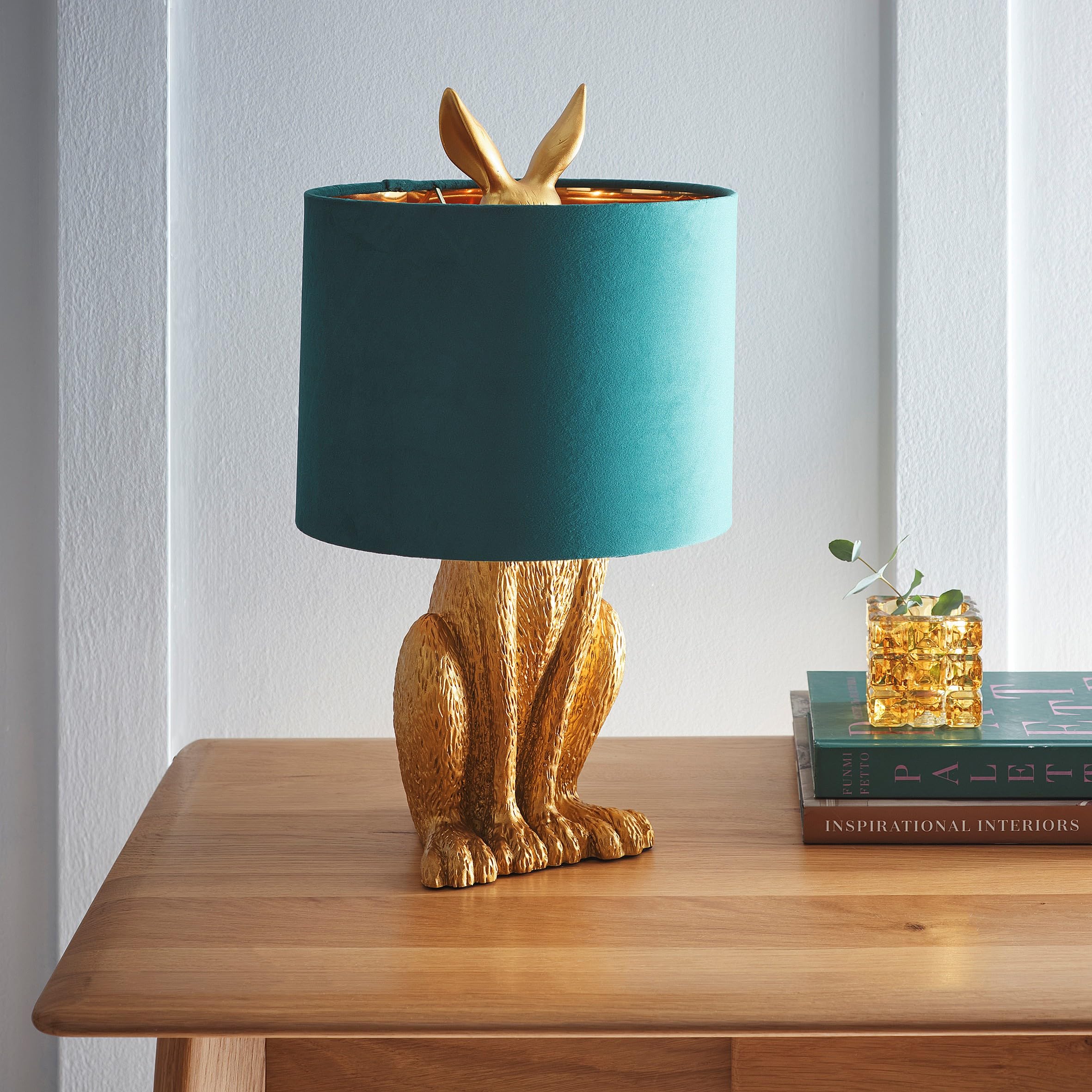 K LIVING Gold Rabbit Resin Table Lamp with Green Velvet Lined Lamp Shade Perfect for Bedside, Console, and Entrance Tables Elegant Everyday Lighting Solution for Any Room