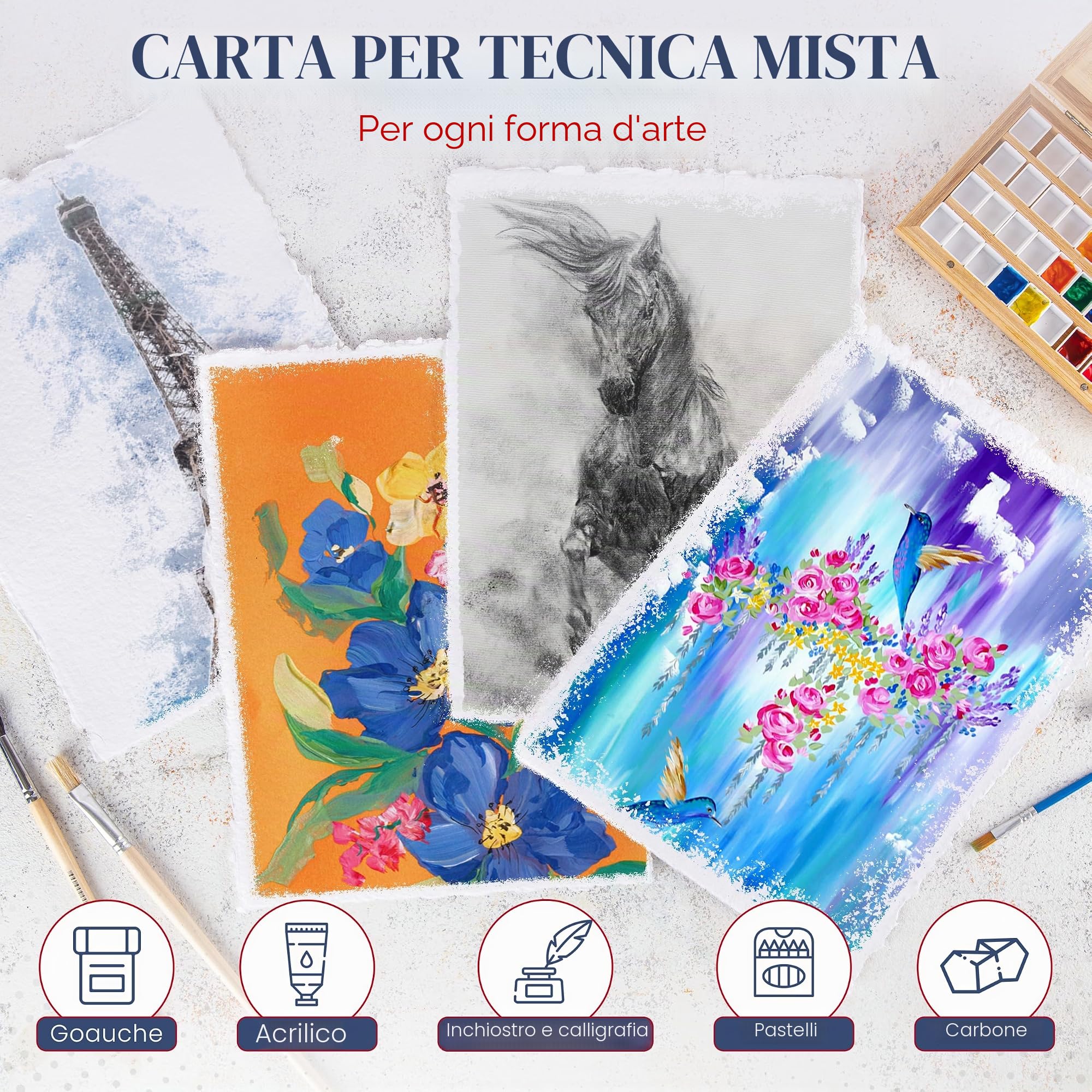 Wanderings Carta per Acquerello Spessa Fatta a Mano con Bordo Irregolare – 23×30,5 cm – 300 GSM – Carta Bianca Pressata a Caldo per Tecniche Miste in Cotone Riciclato – 25 Fogli Sfusi