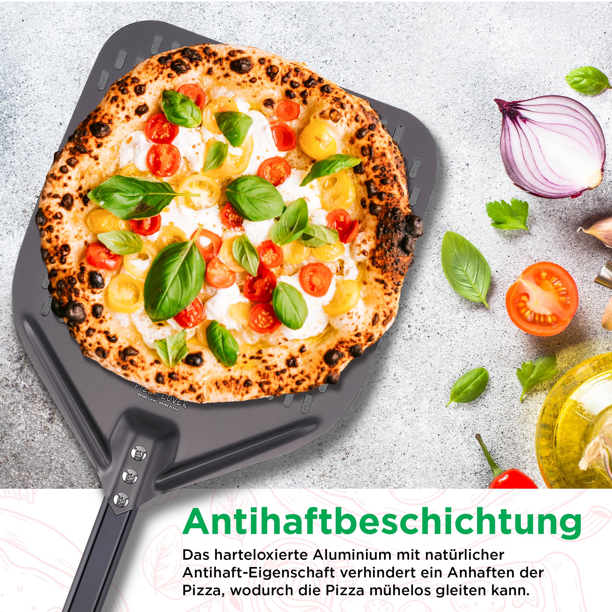 Pizza Lover Premium Pizzastein-Set für Backofen & Grill – 4in1 – inkl. perforiertem Pizzaschieber (harteloxiert) + Pizzastein bis 800°C aus Cordierit + Pizzaschneider & Rezeptbuch