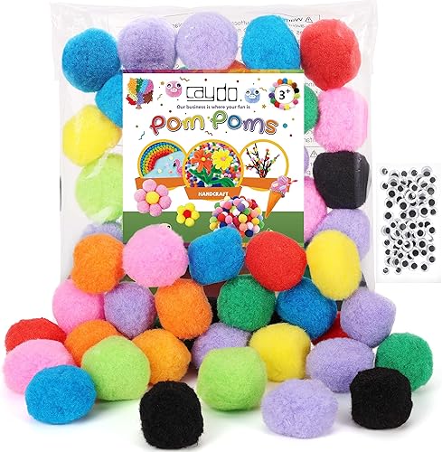 Caydo 200pcs 100pcs 2 inch Large Pom Poms with 100pcs Wiggle Eyes, Assorted Colors Craft Pompom Balls for DIY Crafts Projects Decorations