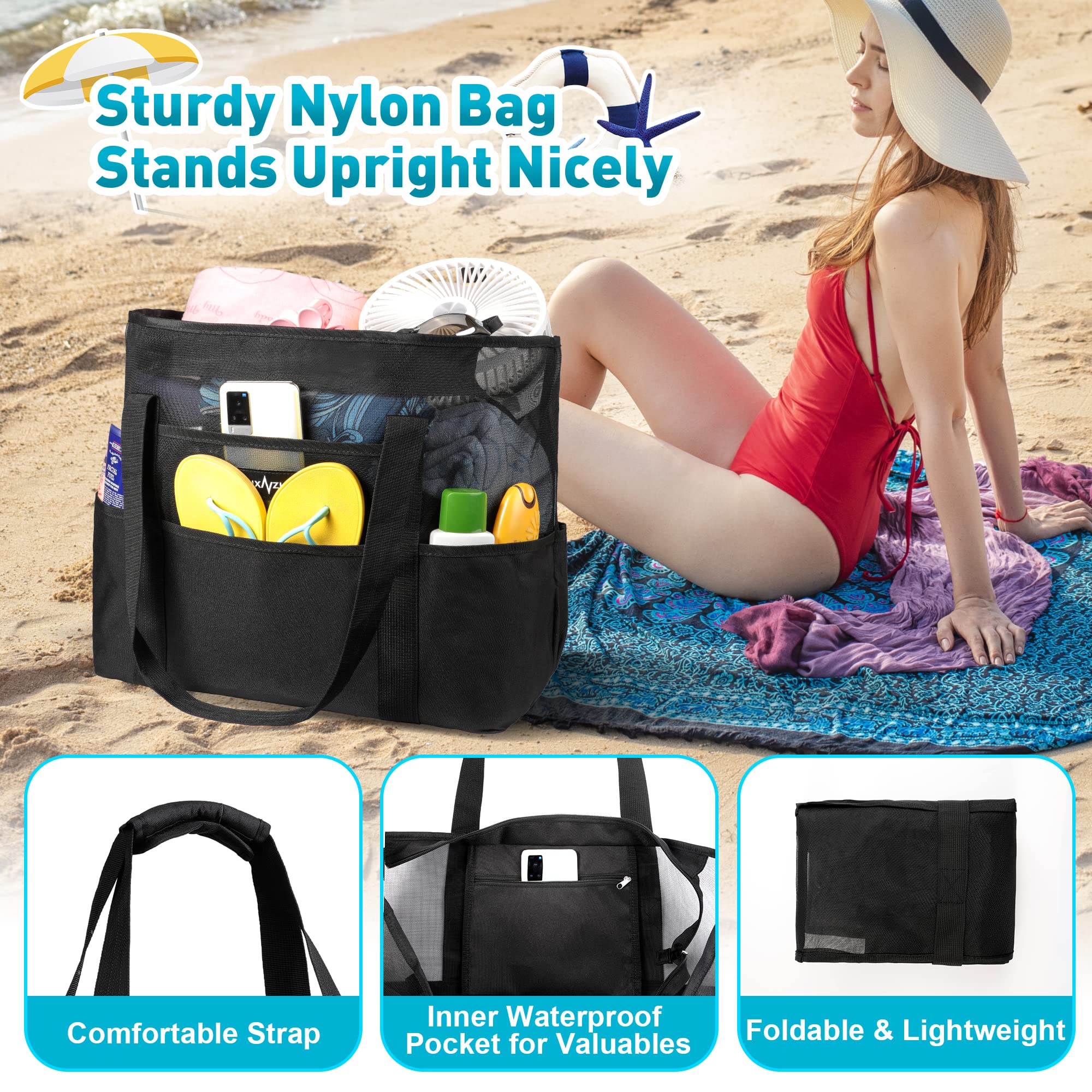 Sac de Plage Grand en Maille avec Fermeture Éclair, Fourre-Tout de Plage Anti-Sable Pliable Main Sac, Piscine Voyage L'été Vacances Vêtements Jouets Gym