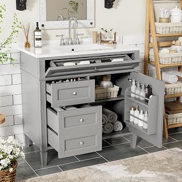 36" Bathroom Vanity with Single Sink & Tip-Out Drawer, Grey | Modern Bathroom Storage Cabinet with 2 Drawers & Soft-Closing Door, Freestanding Bathroom Vanities, Solid Wood Frame