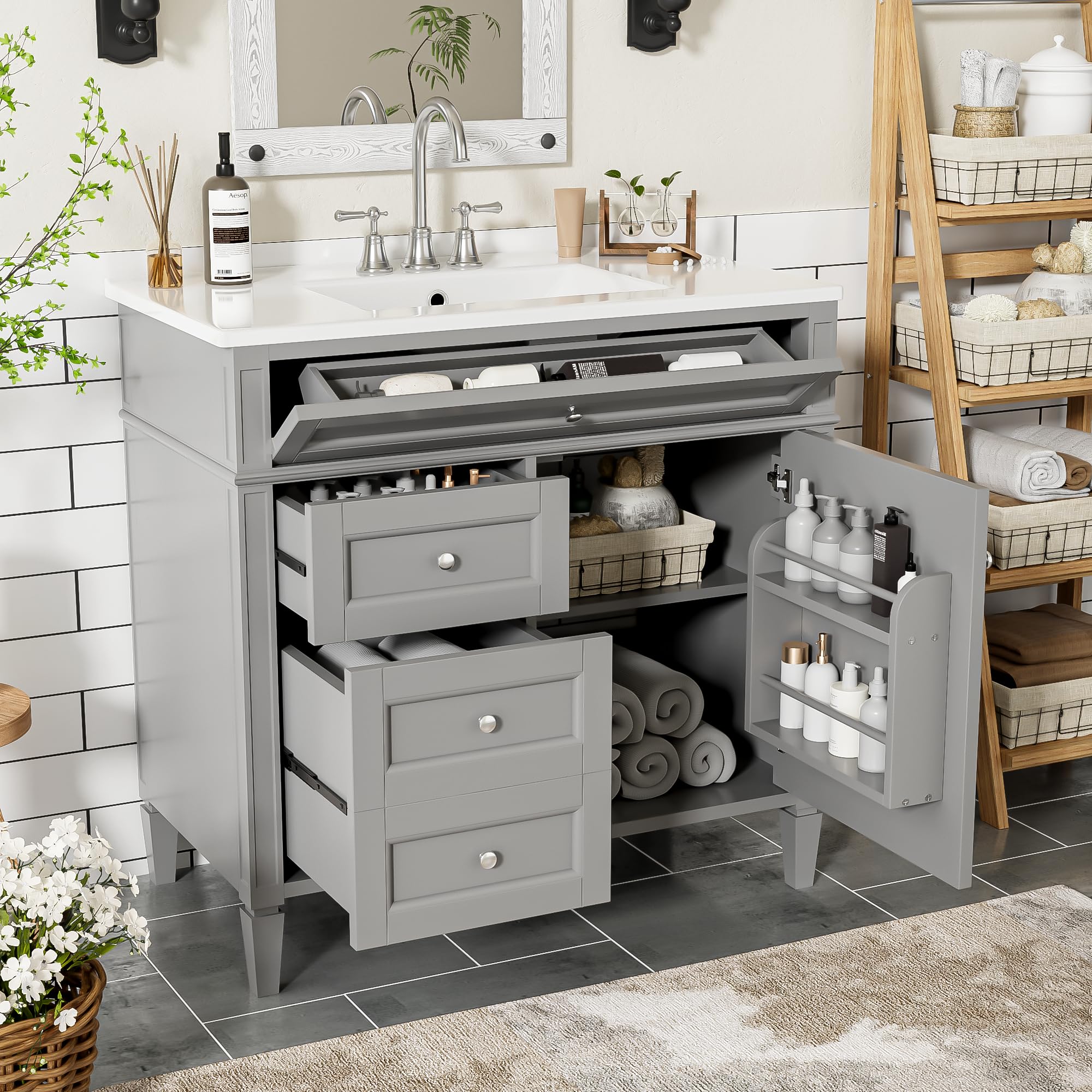 Virubi 36 inch grey bathroom vanity with drawers