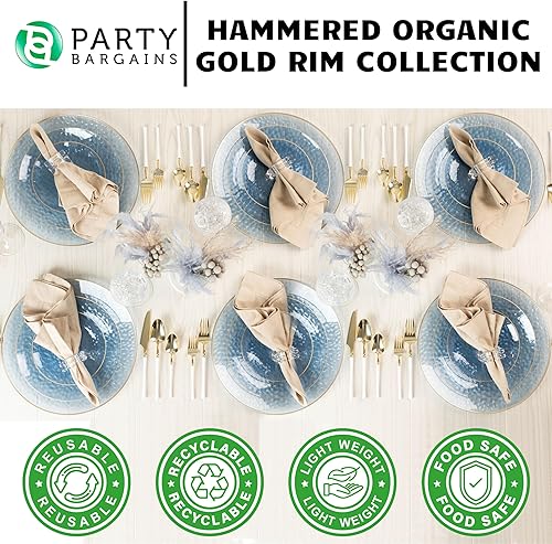 Miniatura 10 de PARTY BARGAINS Juego de platos llanos orgánicos martillados de 7 y 10 pulgadas, paquete de 32, platos negros transparentesborde dorado, platos de