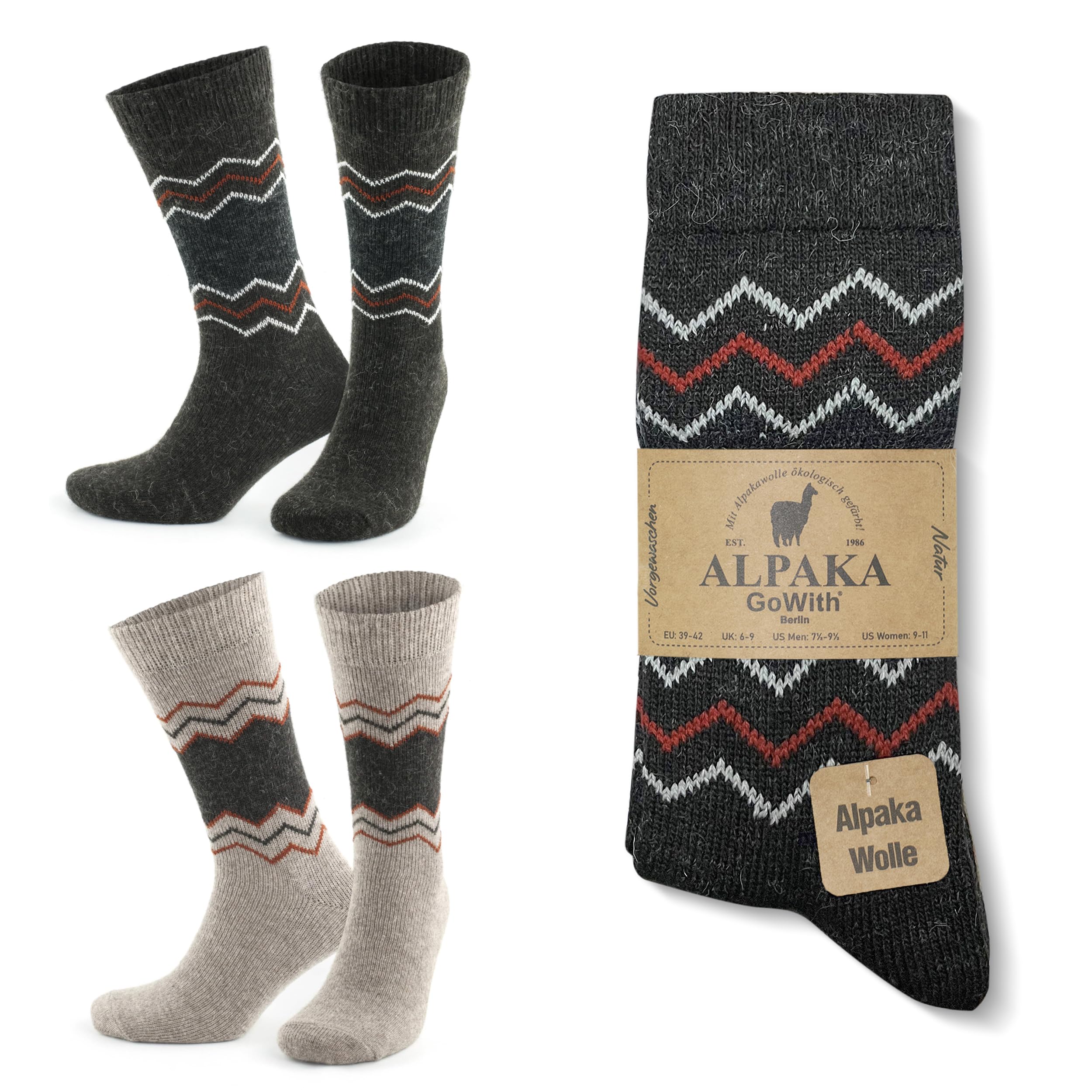 Gowith Unisex Beige Brown - 3099 2 Pairs Alpaca Wool Socks For Men & Women, Warm Thermal Alpaca Merino Blend Hiking Socks, Soft Cozy Crew Boot Socks