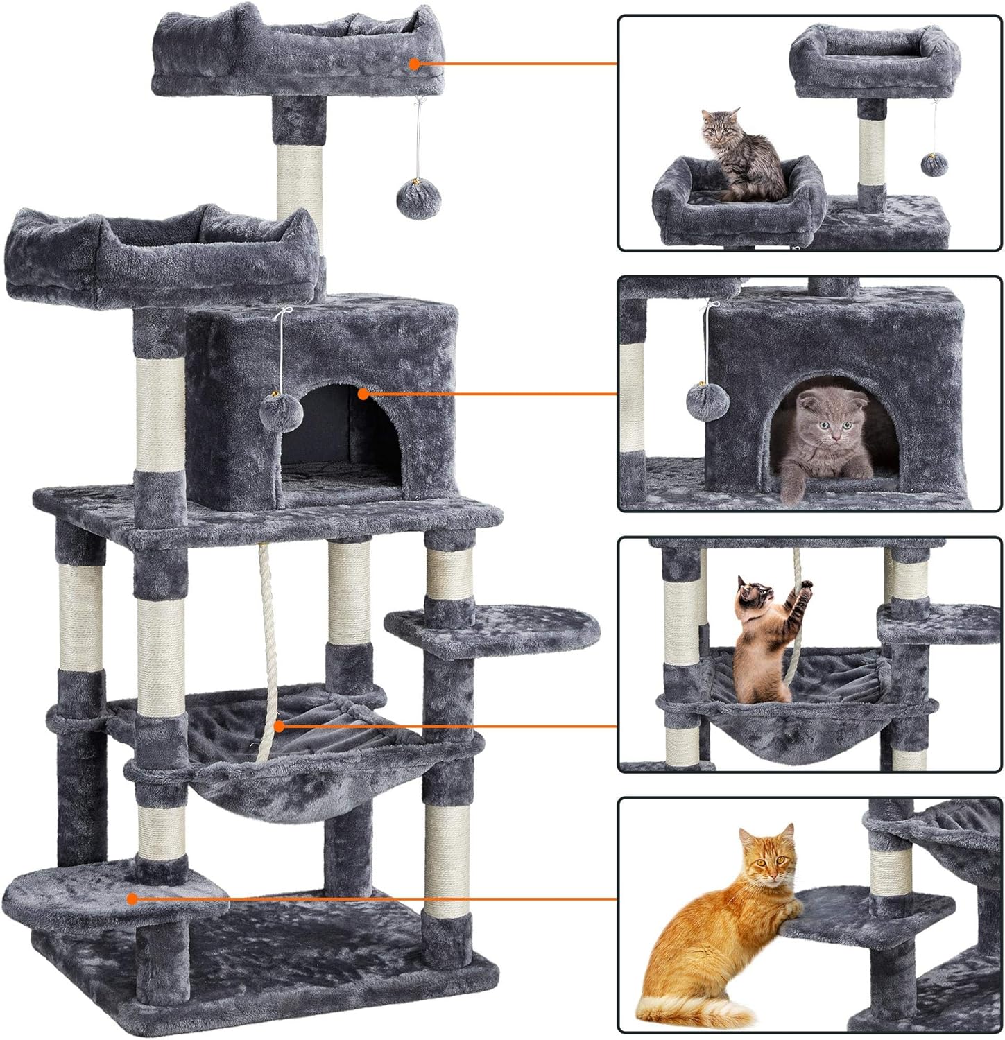 review Yaheetech 59in Multilevel Cat Tree Cat Tower with Sisal-Covered Scratching Post,Large Perches and Big Hammock, Cat Acitivity Center Cat Pet Kitten Furniture
