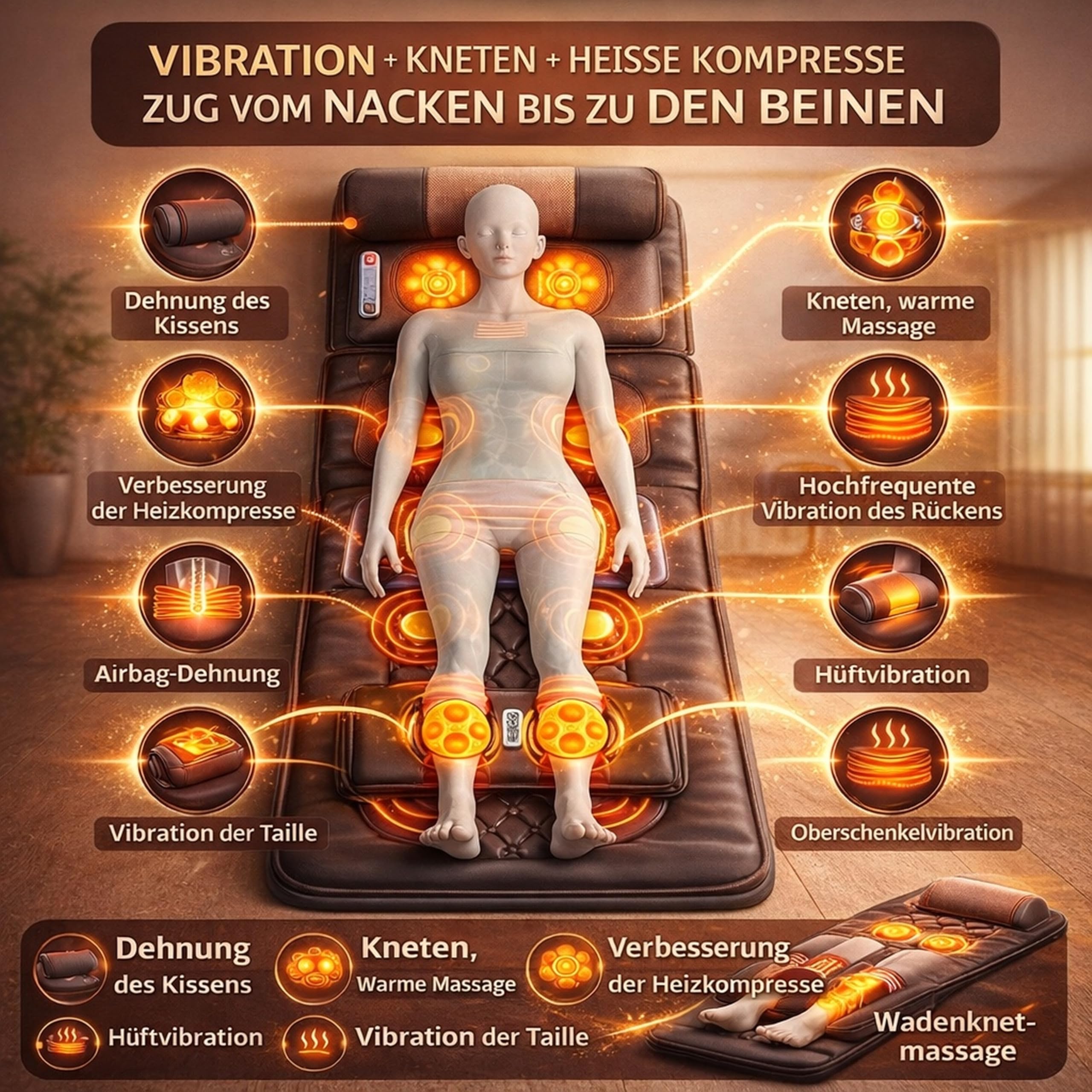 MOCHO® Shiatsu Massagematte mit Wärmefunktion – Ganzkörper Massagegerät mit Luftdruck-Dehnung, Fußmassage, Nacken- & Rückenmassage, elektrische Massagematte für Zuhause