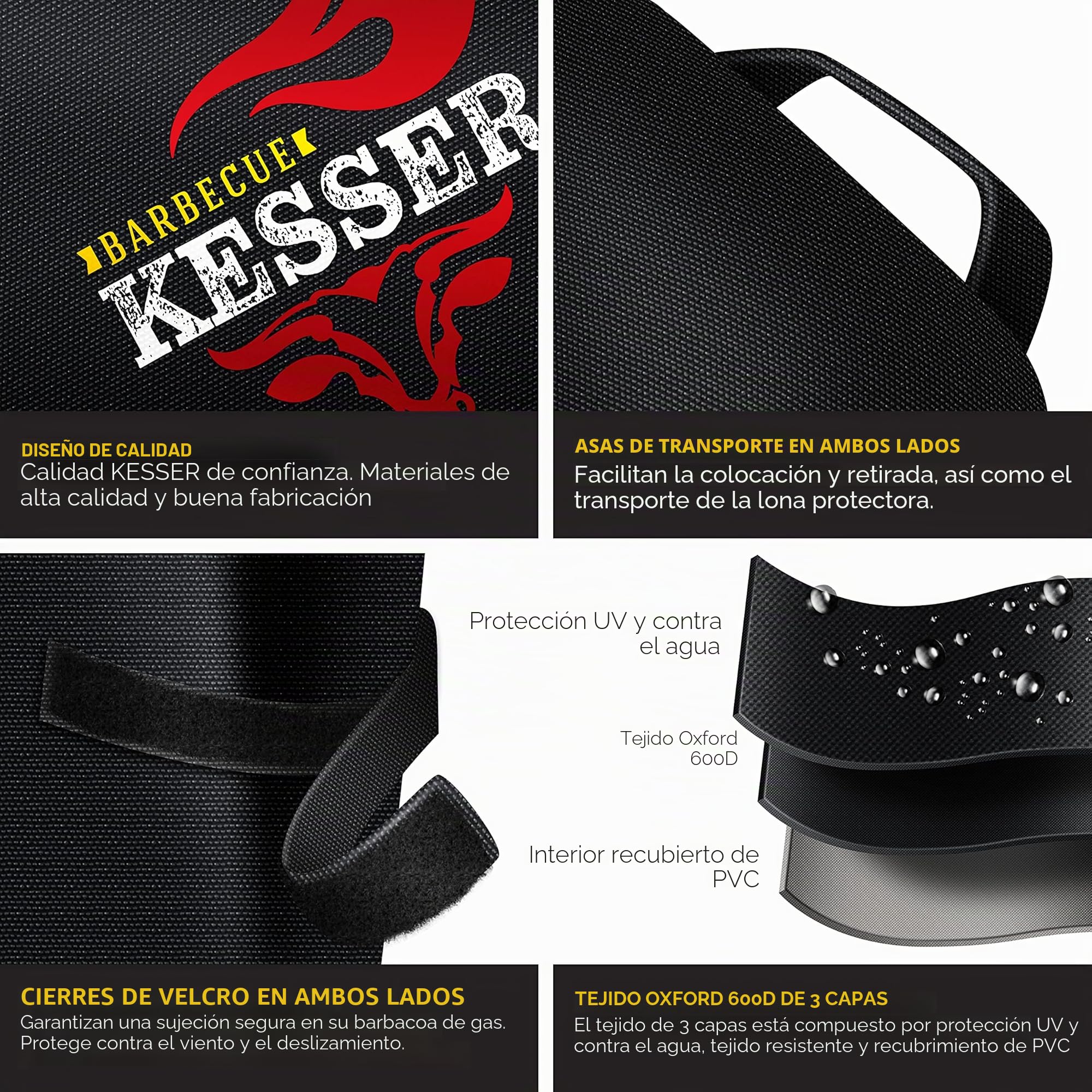 KESSER® Funda para Barbacoa Resistente a la Intemperie |Grill Cubierta para Weber, Brinkmann Char Broil Parilla | Tejido Oxford 600D | 147 x 61 x 122 cm, Negro