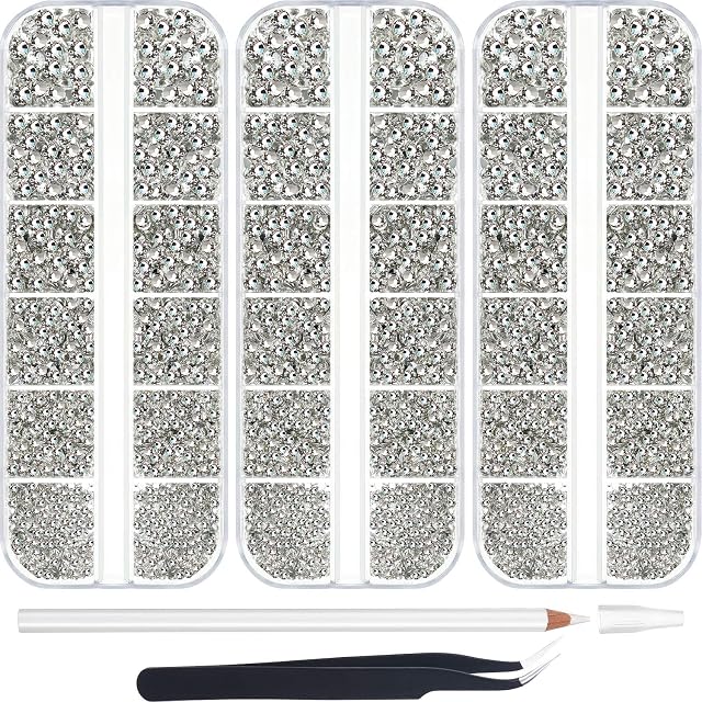 9000 Pieces Hotfix Rhinestone Clear 6 Sizes Flatback Round Glass Gemstone Crystal Iron On Rhinestones Glass Stones with Tweezers and 1 Picking Pen for DIY Manicure, Face Art Clothes Bags