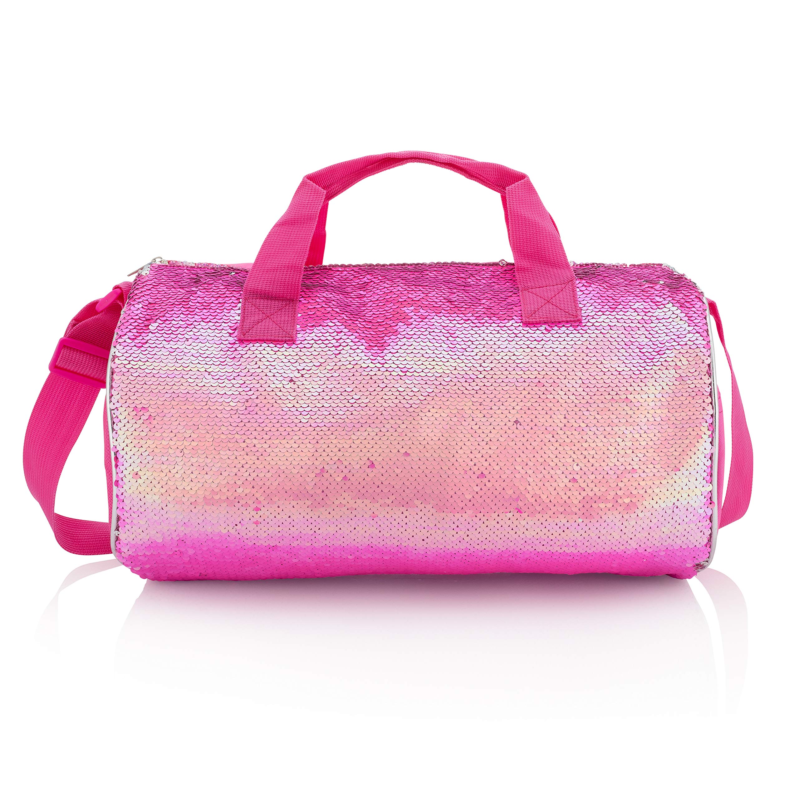 GLOBAL FBA INCReversible Sequin Girl Dance Duffle Bag for Kids and Teens, Weekend and Travel Bag with Adjustable Carry On and Handy Pouch (16" Pink/Silver)