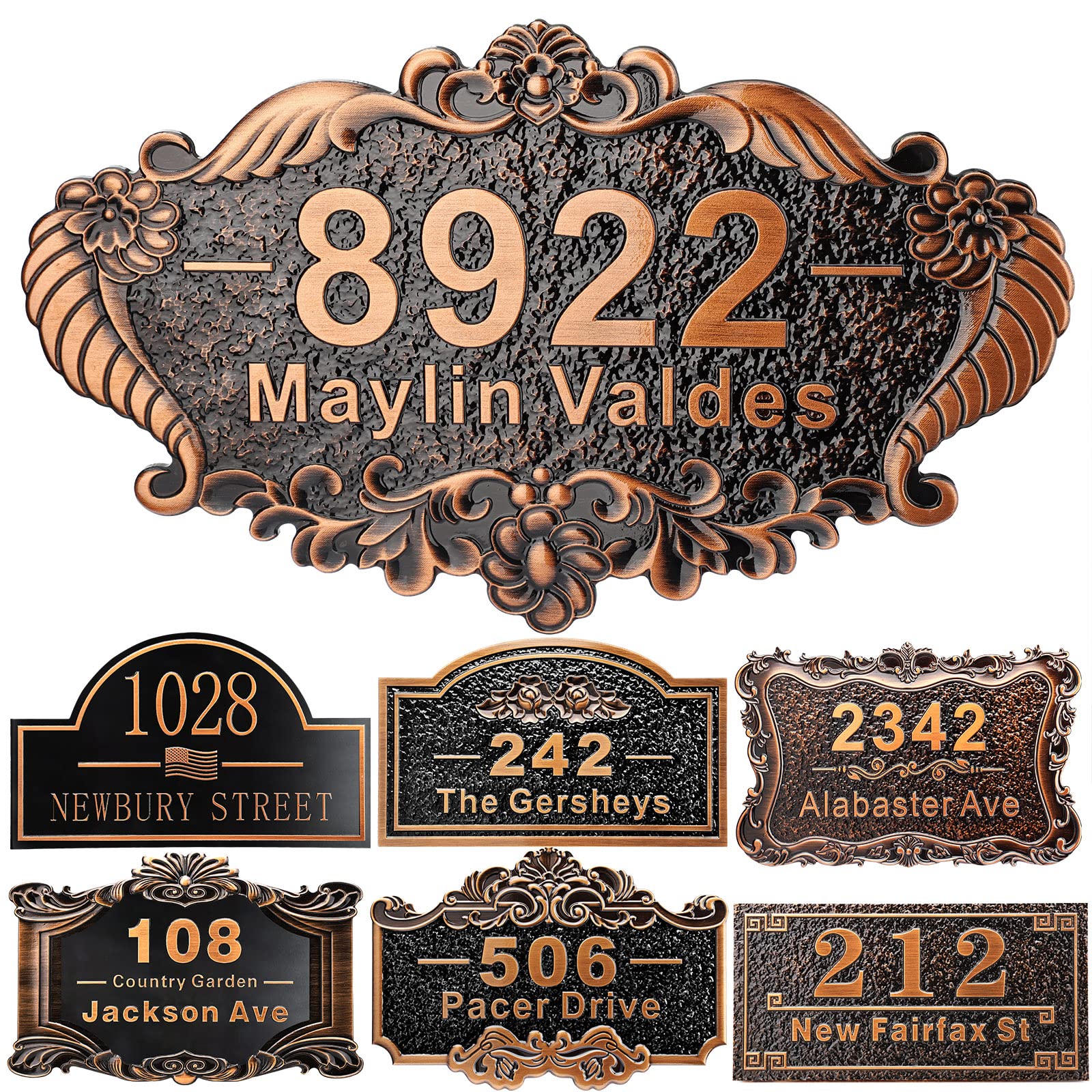 Personalized House Address Plaque 12" Cast Numbers for Outside Custom Street Name Address Sign Plate Vintage for Mailbox Door Room Classic Wall Outdoor Antique Copper