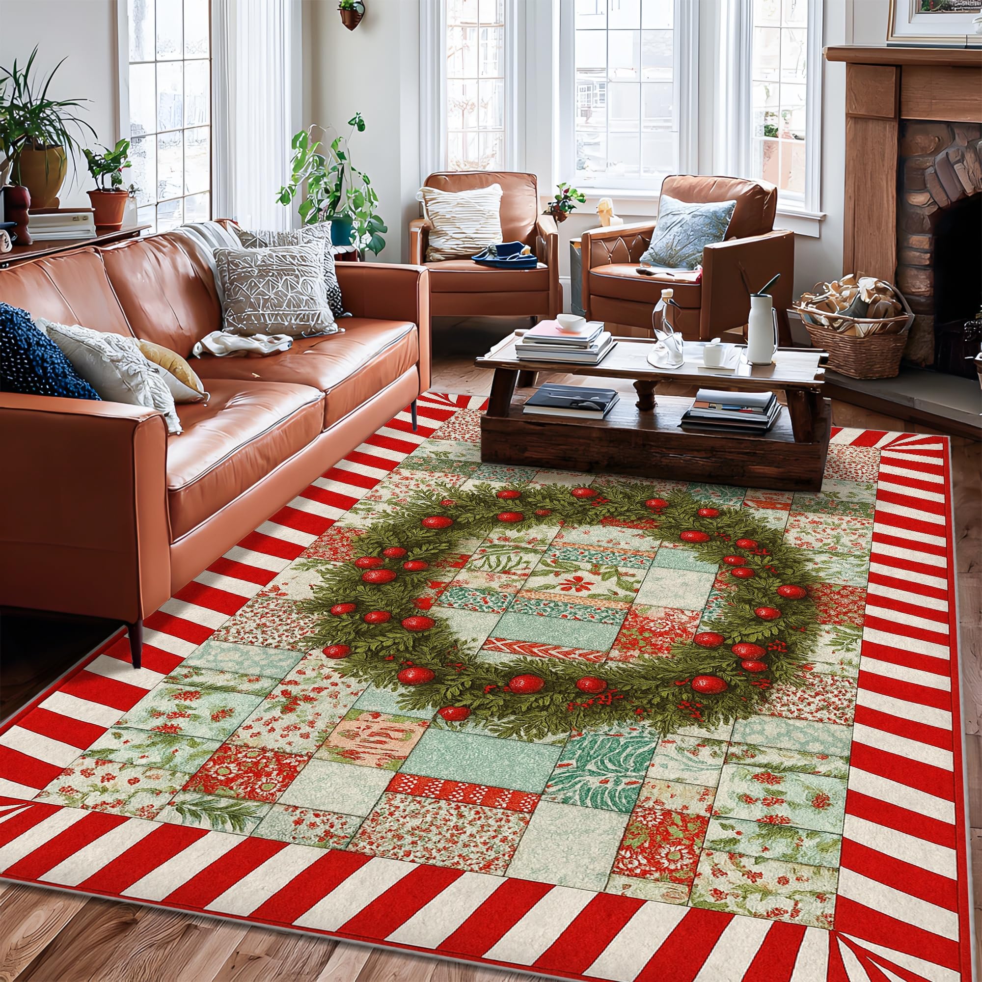 Tapis de salon rouge Noël 1,8x2,7m à poils courts doux pour salle à manger