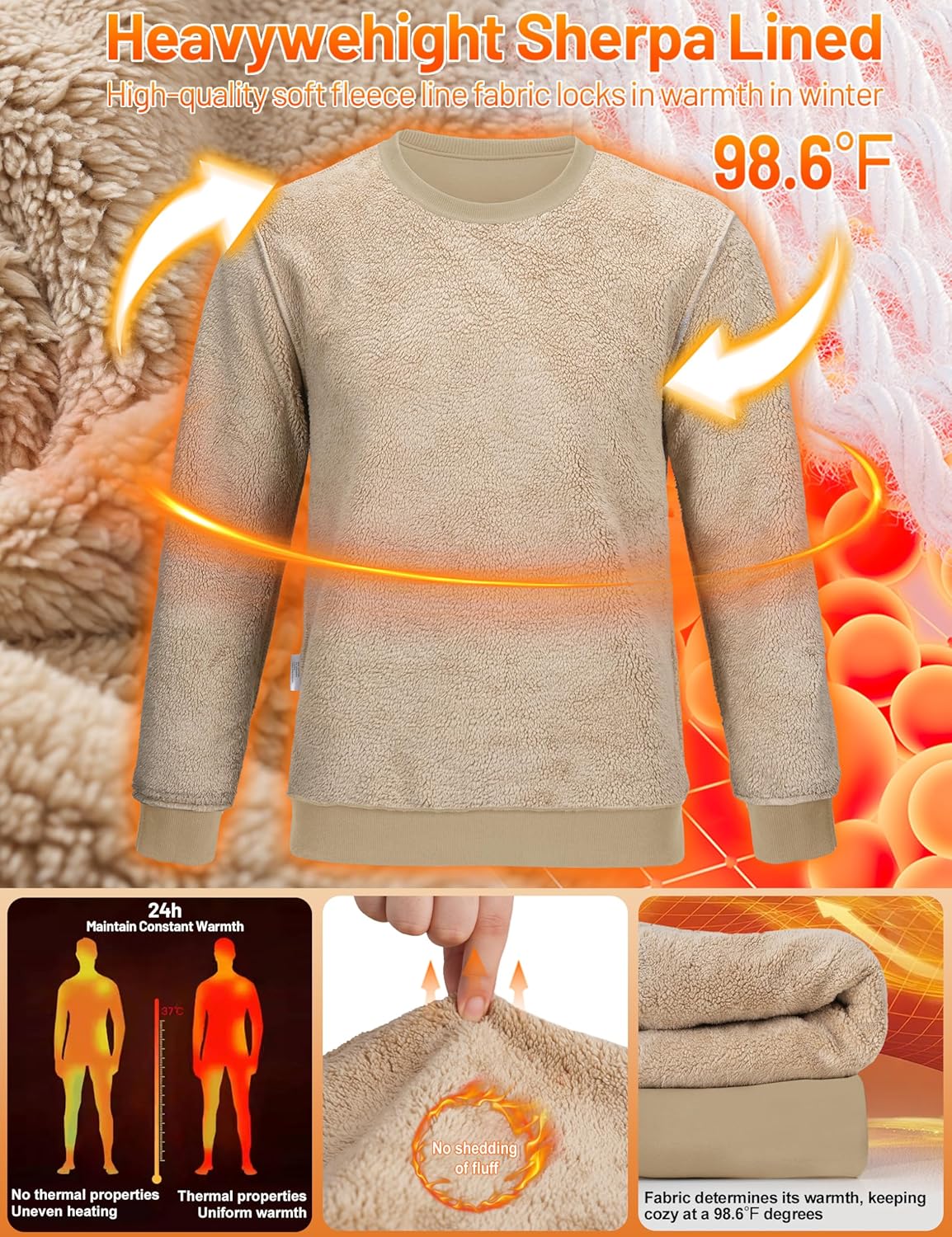 TACVASEN Men's Crewneck Sweatshirt Warm Sherpa Lined Thermal Sweatshirts Heavyweight Long Sleeve Winter Fleece Pullover Shirt - Image 3