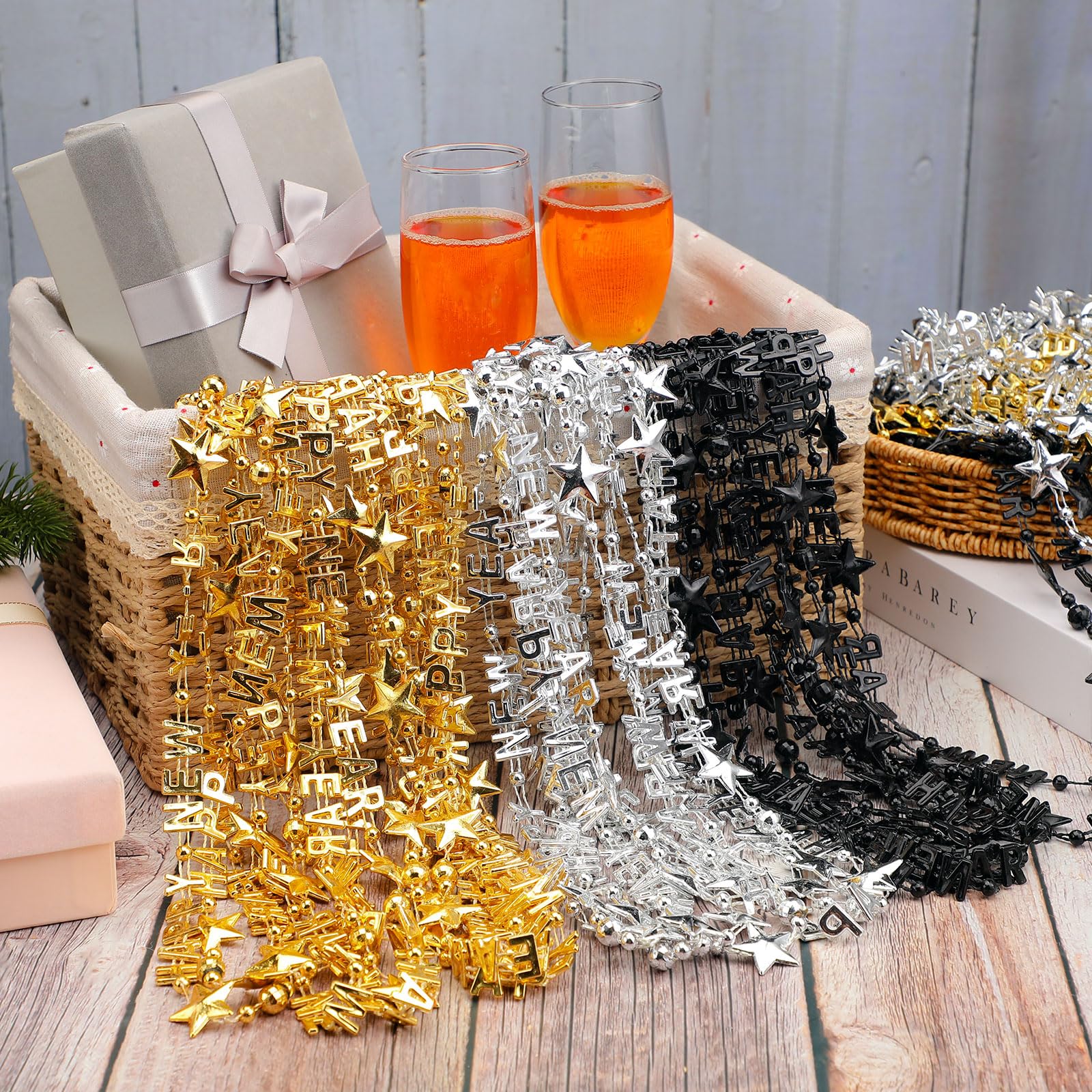 Sasylvia 48 Pcs 2025 New Year Bead Necklace Luau Summer Pool Party Supplies Gift Birthday Miami Bachelorette Graduation Wedding Decor (One with Pendant One No Pendant(Gold, Black, Silver,Classic)