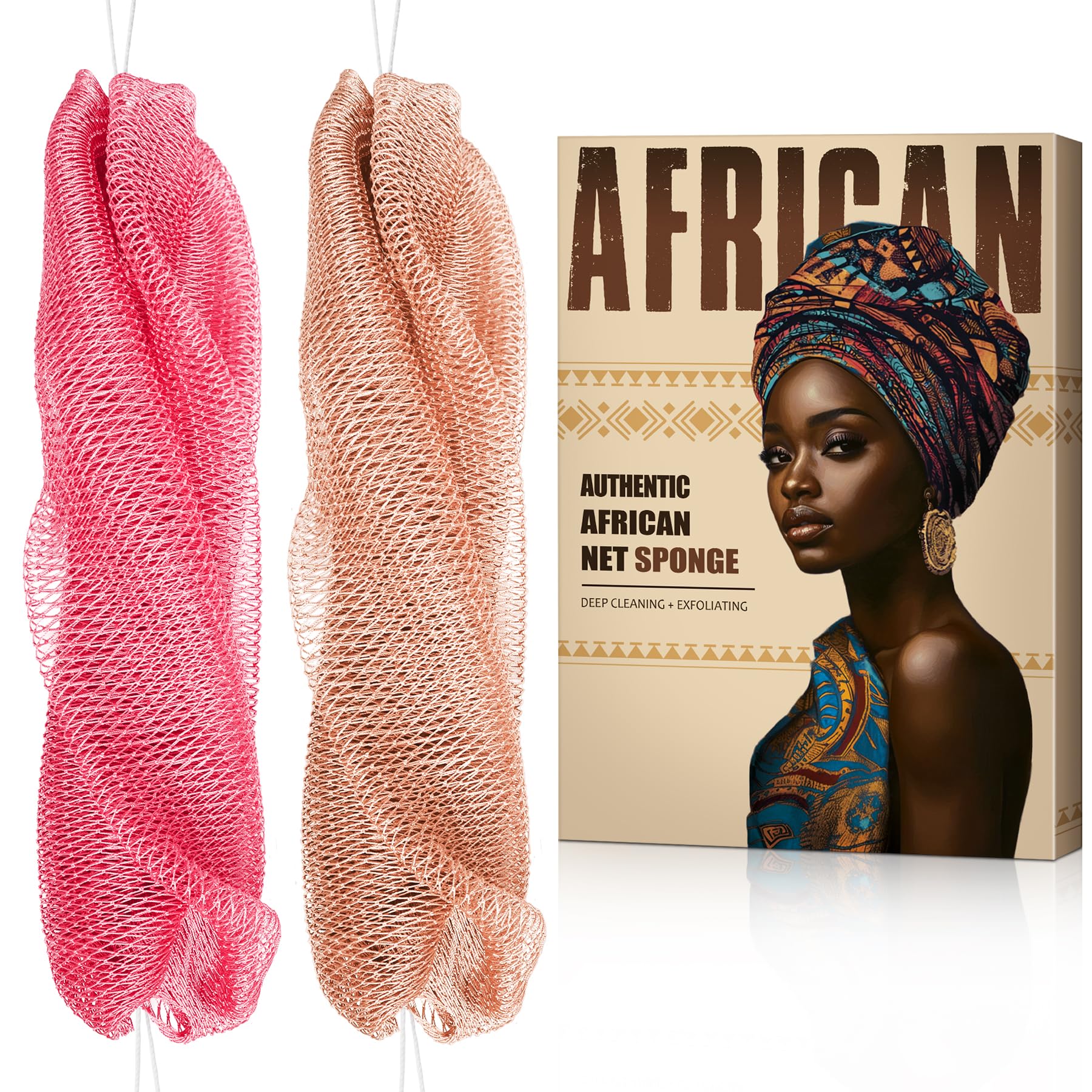 African Net Sponge Authentic - Afro Scrub Exfoliating Net Sponge with Knots - 2 Pieces African Bath Sponges for Body Scrubber Exfoliator - Back Washer for Shower Accessories