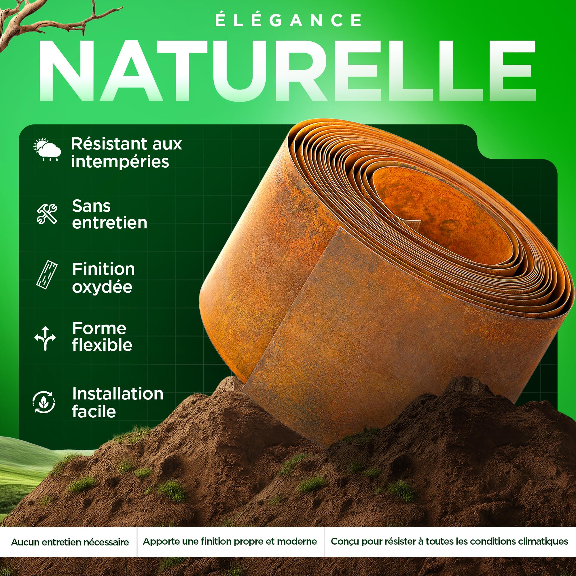 Bordure Acier Corten 10 Mètres | Bordure Jardin Exterieur 14cm de Hauteur | Design Flexible & Facile à Installer | Gants, Cale en Bois, Connecteurs et eBook Inclus