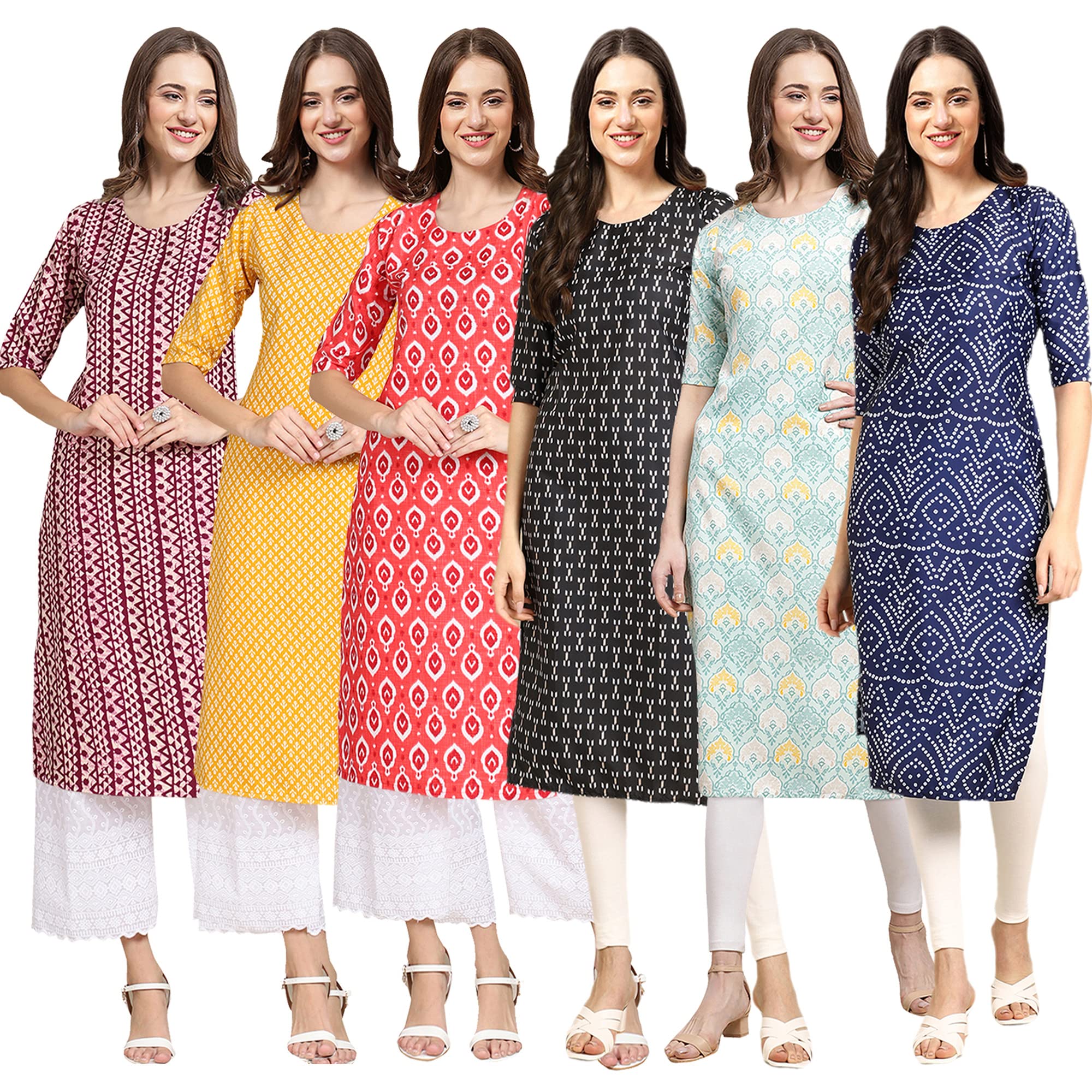 Pinkmint Women's Crepe Digital Print Straight Kurta [Pack Of 6] (Mj-347-350-346-362-343-366-S)