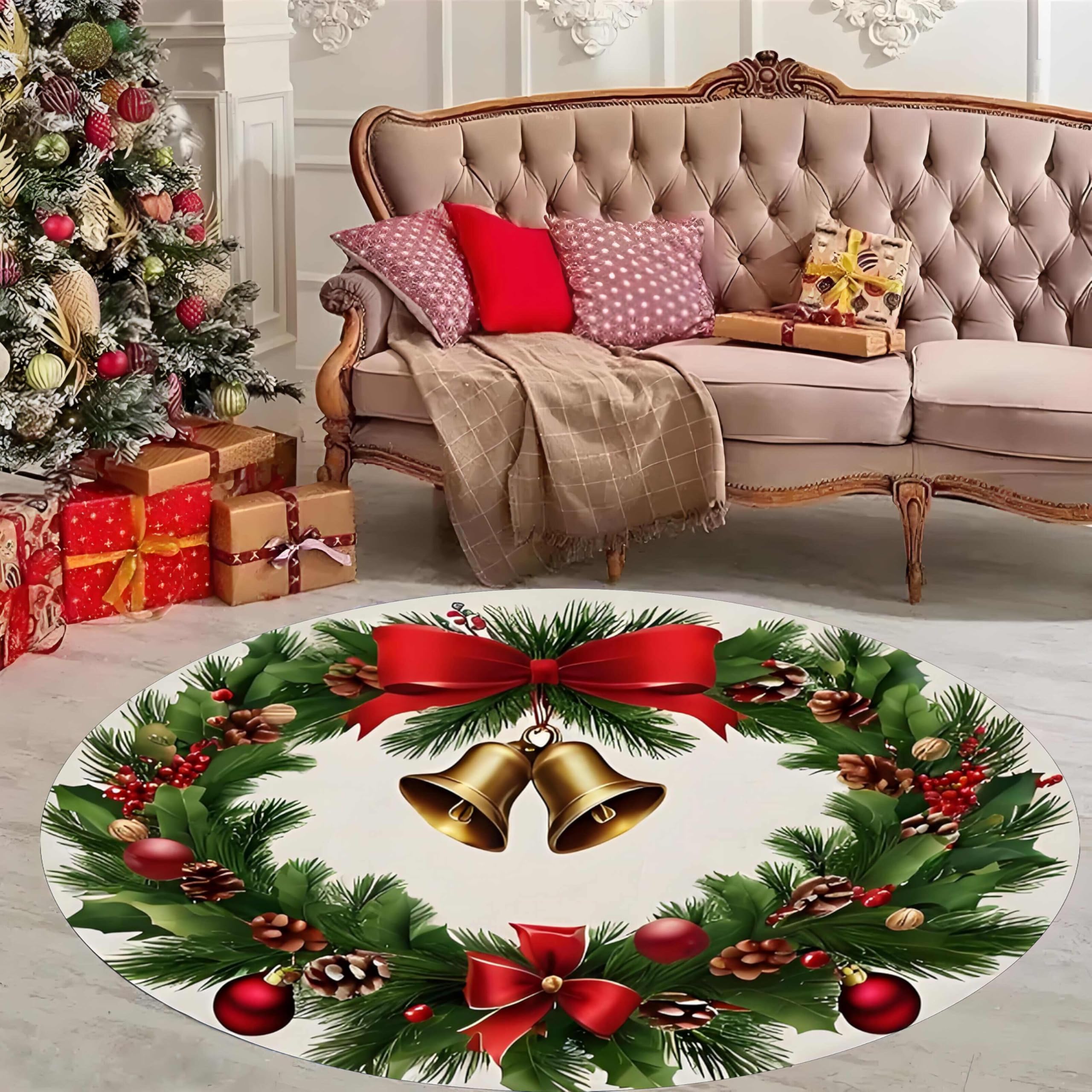 Amazon.com: YHUERC Round Ivory Rug, 3.3ft Green Christmas Wreath Carpet ...