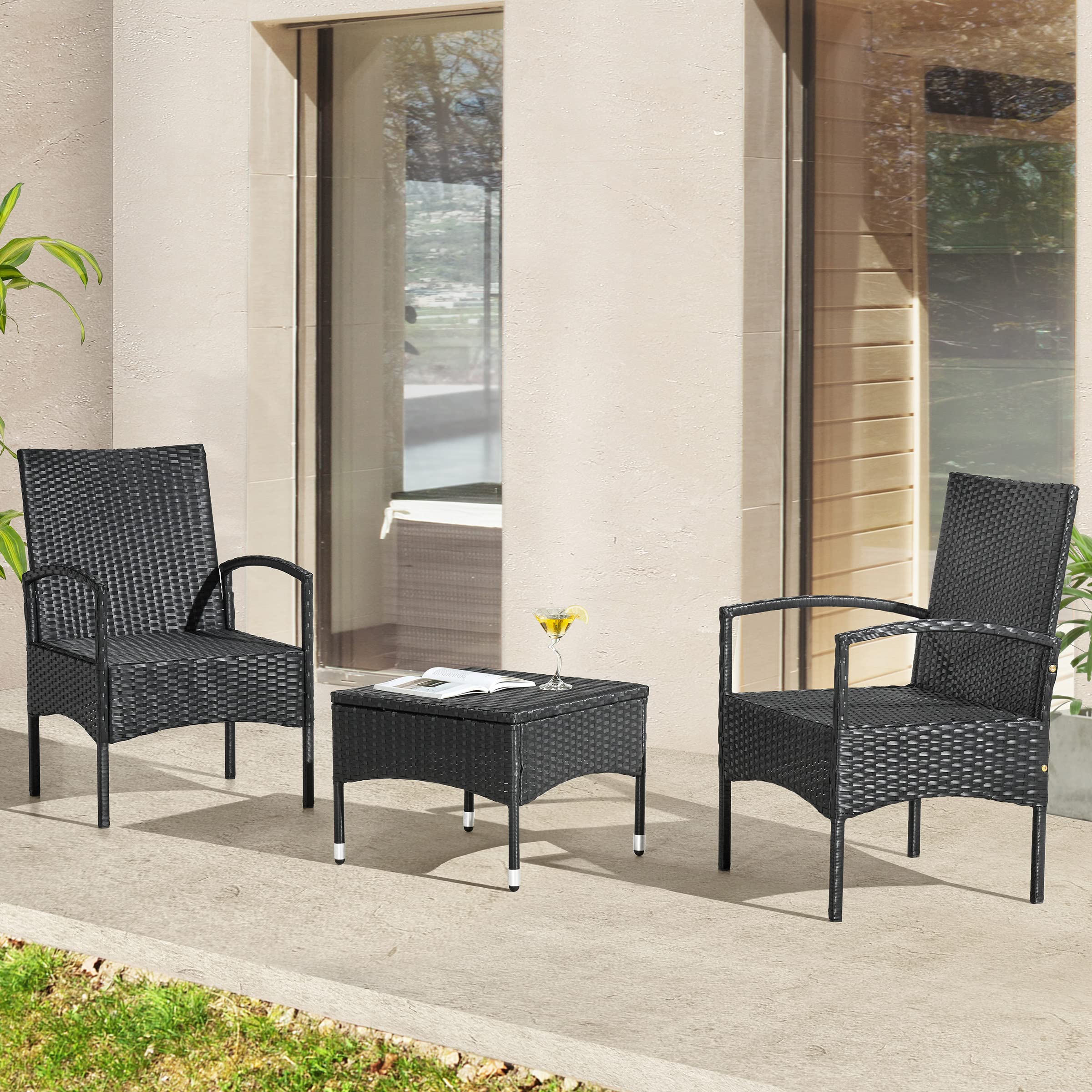 Lavish Home 80-OUTD-WK-NCSHCHTBL, Gray Outdoor Patio Set – 3-Piece Rattan Seating Combo with 2 Chairs and Table for Deck, Balcony, or Front Porch Furniture