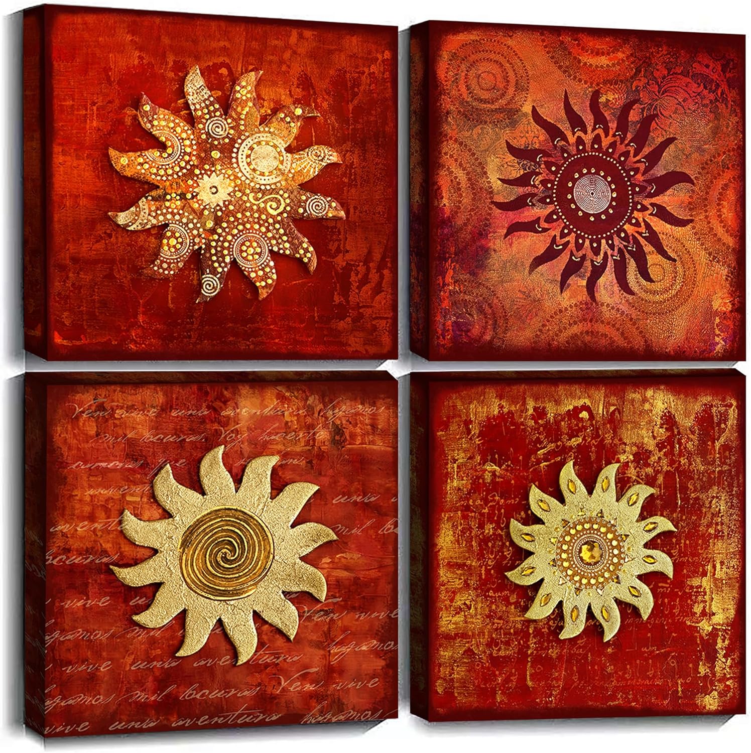 Byllyaz Vintage Flowers Pattern Canvas Prints Wall Art for Bathroom 4 Piece Framed Artwork Abstract Red Sunflower Picture Ready to Hang for Home Decoration 20x20 Red Framed 20"x20"x4pcs