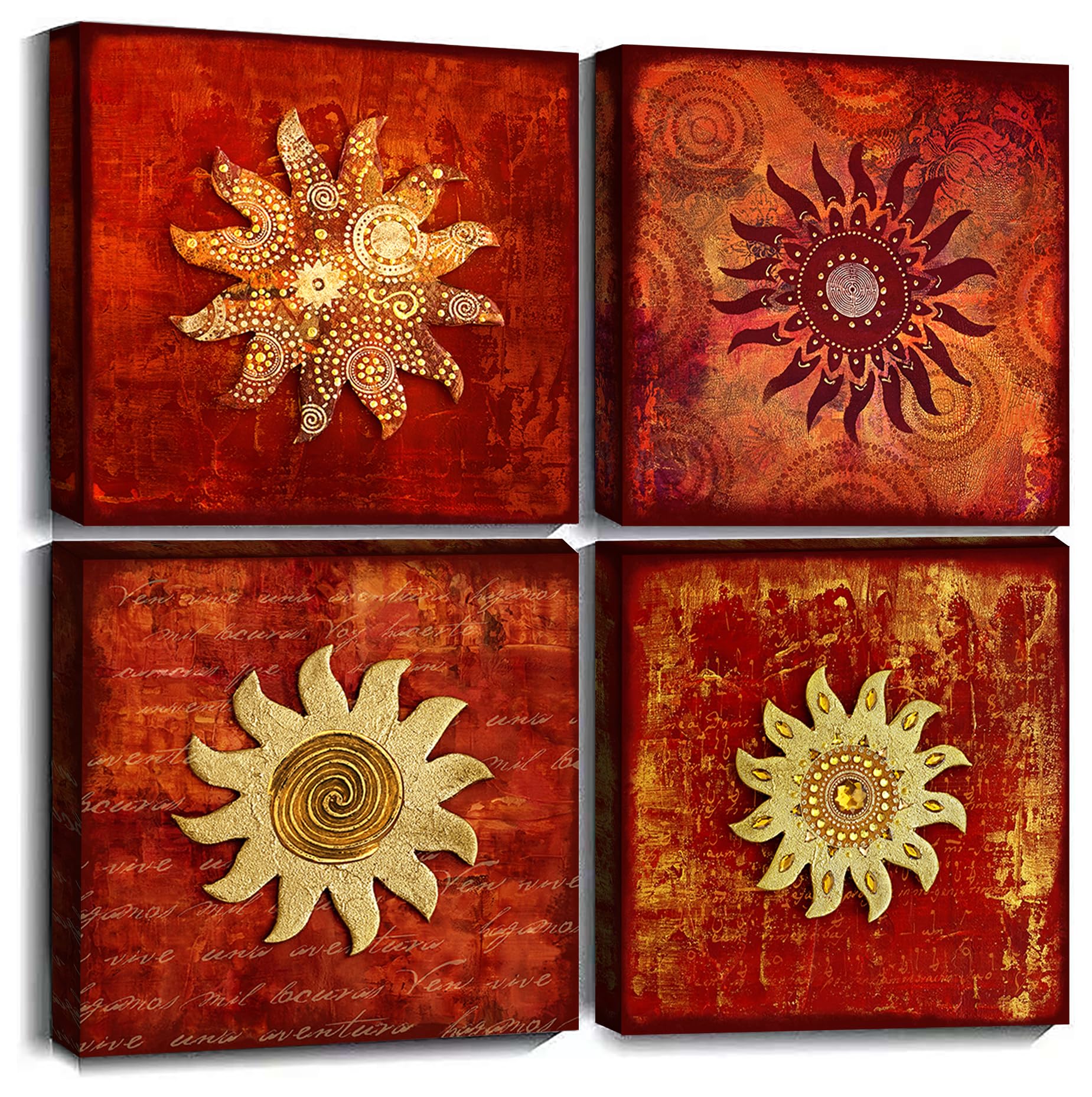 Vintage Flowers Pattern Canvas Prints Wall Art for Bathroom 4 Piece Framed Artwork Abstract Red Sunflower Picture Ready to Hang for Home Decoration