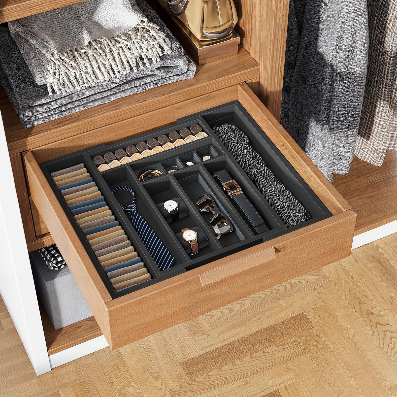 Pipishell Organizador Cajones Cocina, Cubertero Extensible y Ajustable para Cocina, Dormitorio y Sala de Estar - Bambú Sostenible