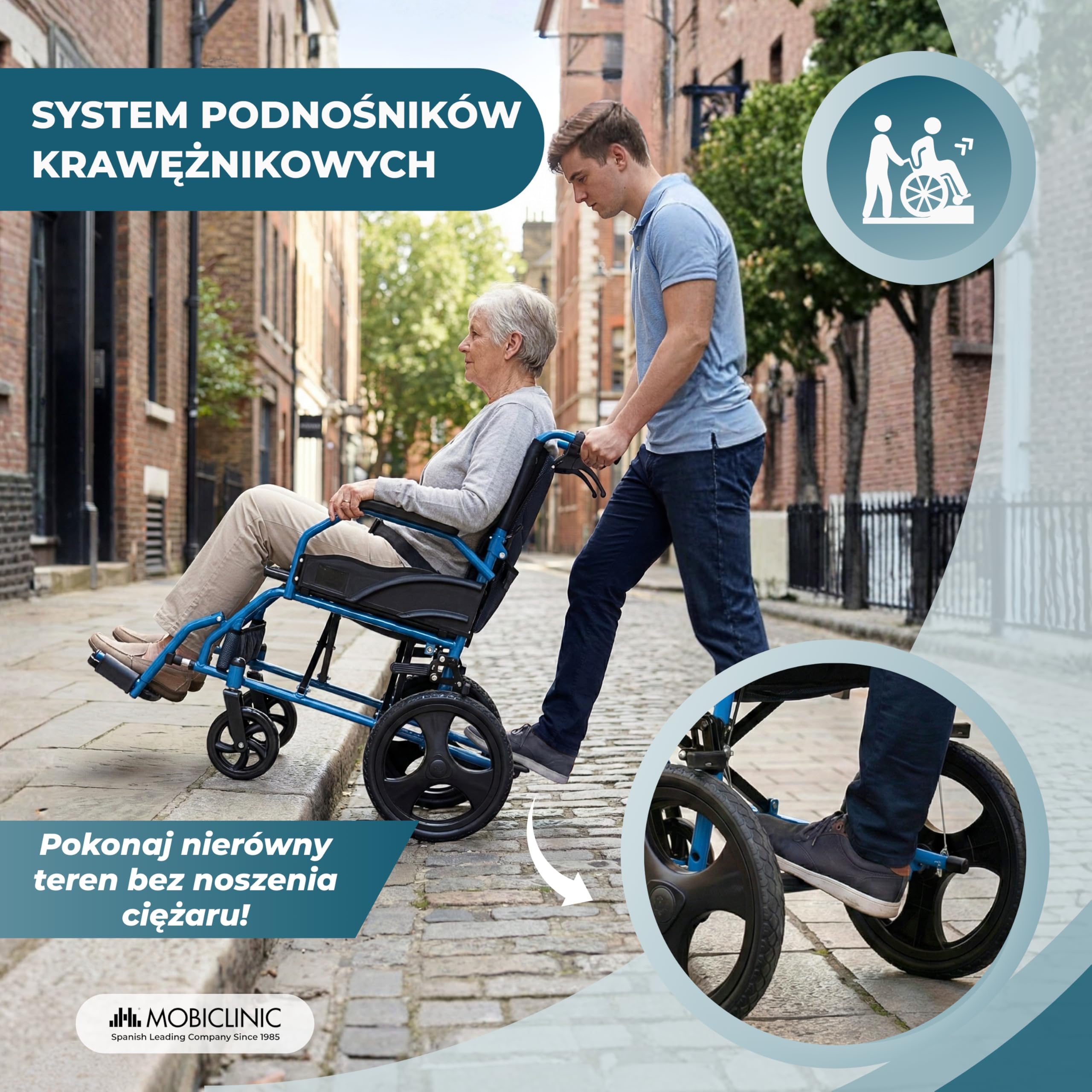 Mobiclinic®, Składany Wózek Inwalidzki, Wózek Inwalidzki Transit, Składane Oparcie, Składane Podnóżki, Podwójny System Hamowania, Wzmocniona Stal, do 100 kg, Lekki i Kompaktowy, Faraón