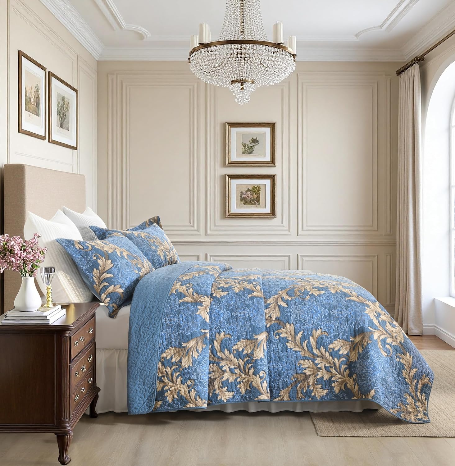 Queen Quilt Set 100% Cotton – Blue Damask Floral Bedspread, Classic European Style Reversible Quilt Bedding Set 3 Pieces, Lightweight All Season, Dark Blue & Brown