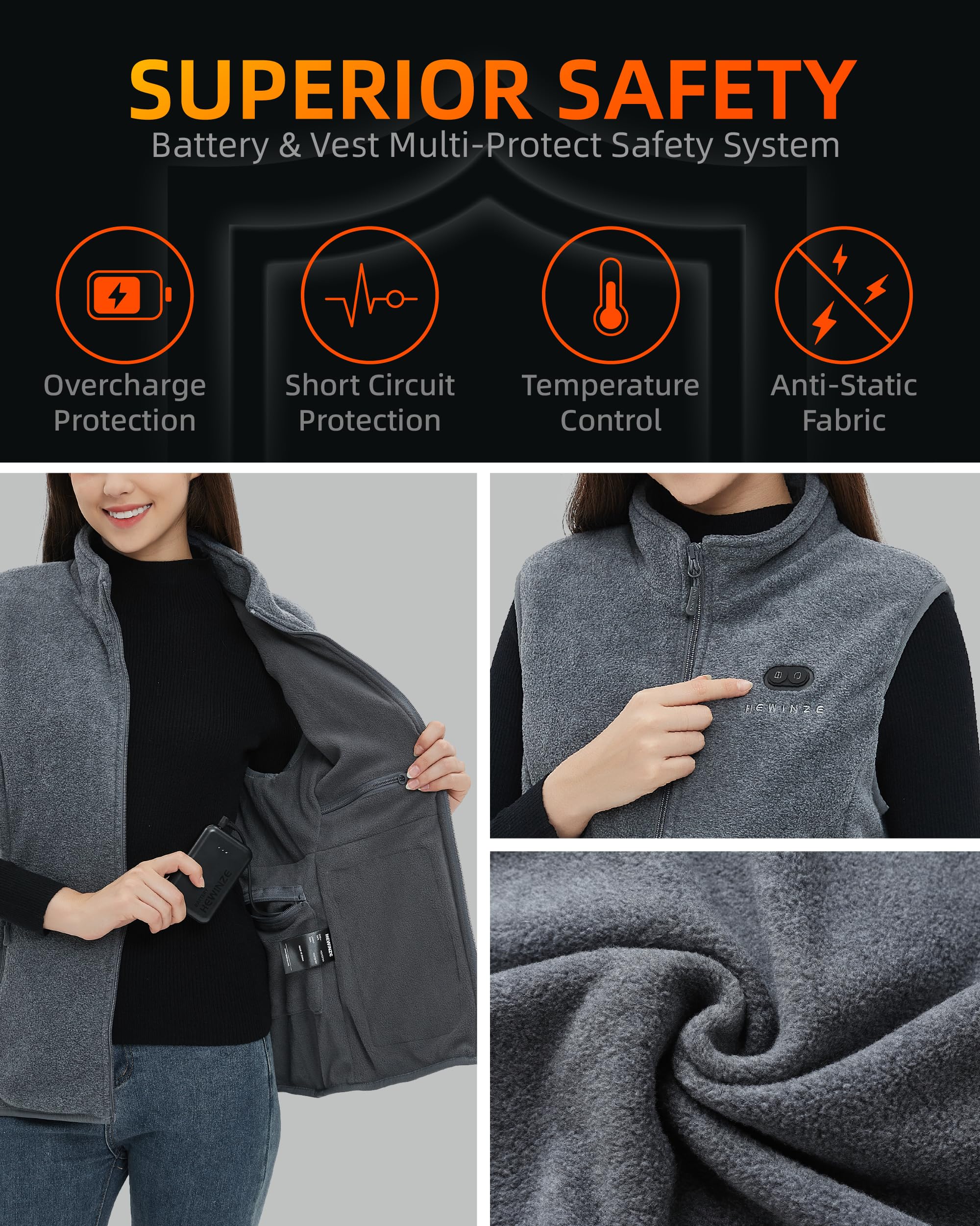 HEWINZE Fleece Podgrzewany Gilet dla Kobiet Kamizelka Heat z Baterią 7.4V Podgrzewana Kamizelka