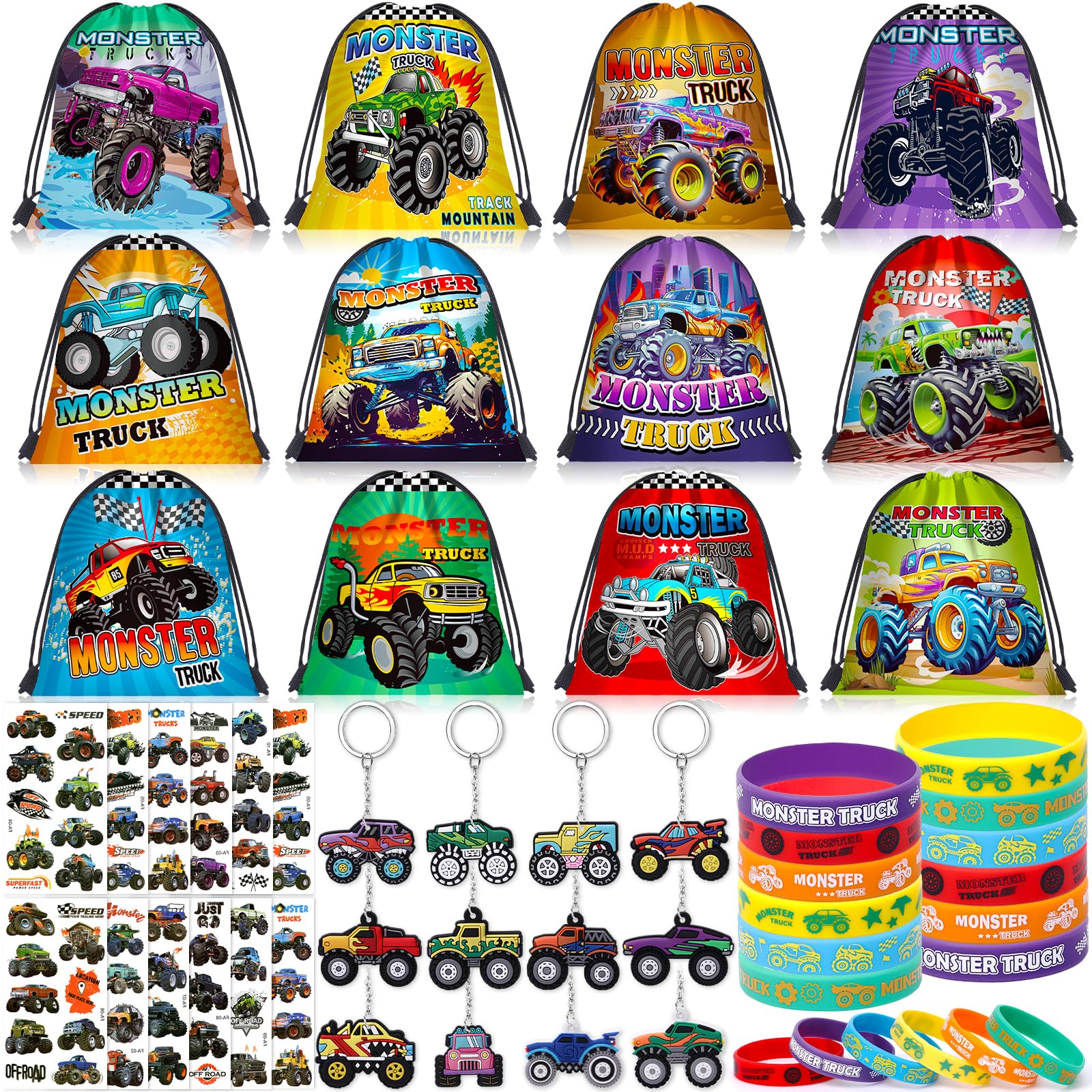 SNLN Monster Truck Party Favors Birthday Supplies for Boys Kids, Drawstring Bag Silicone Bracelet Keychain Tattoo Sticker Pinata Goodie Bag Stuffers