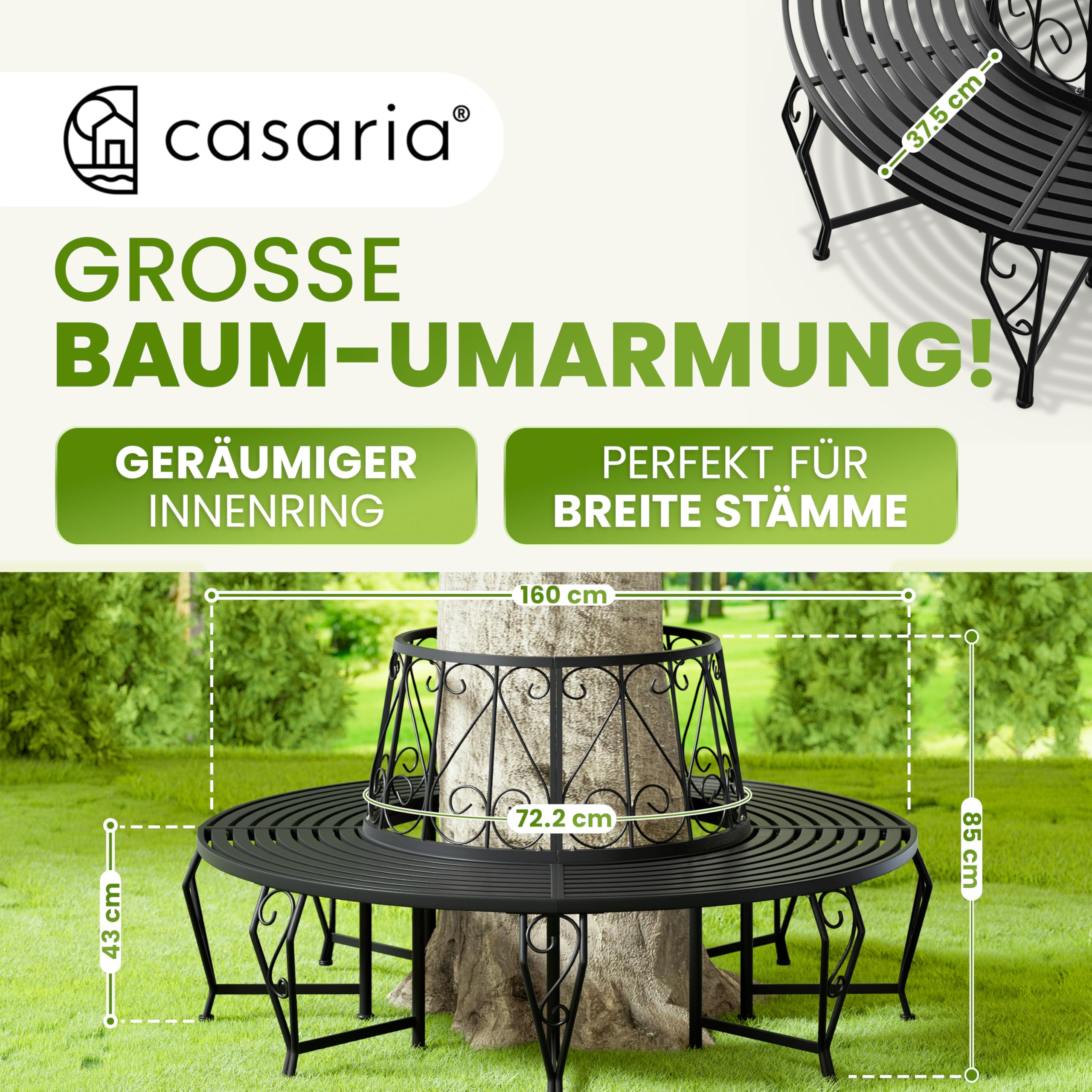 Casaria® Gartenbank Sitzbank Ø160cm Metall Pulverbeschichtet Wetterfest 320kg Belastbar Rundbank Fußschutz Garten Baum Bank Vintage Schwarz