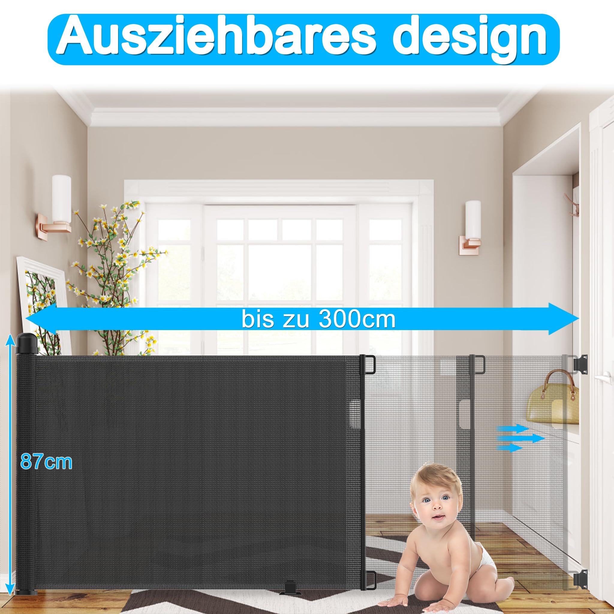 NAIZY Treppenschutzgitter Rollo Ausziehbar Türschutzgitter 87 x 0-300 cm Absperrgitter Treppenschutzrollo Baby Türschutzrollo Geeignet für Treppen Türen Innen & Außen, Schwarz