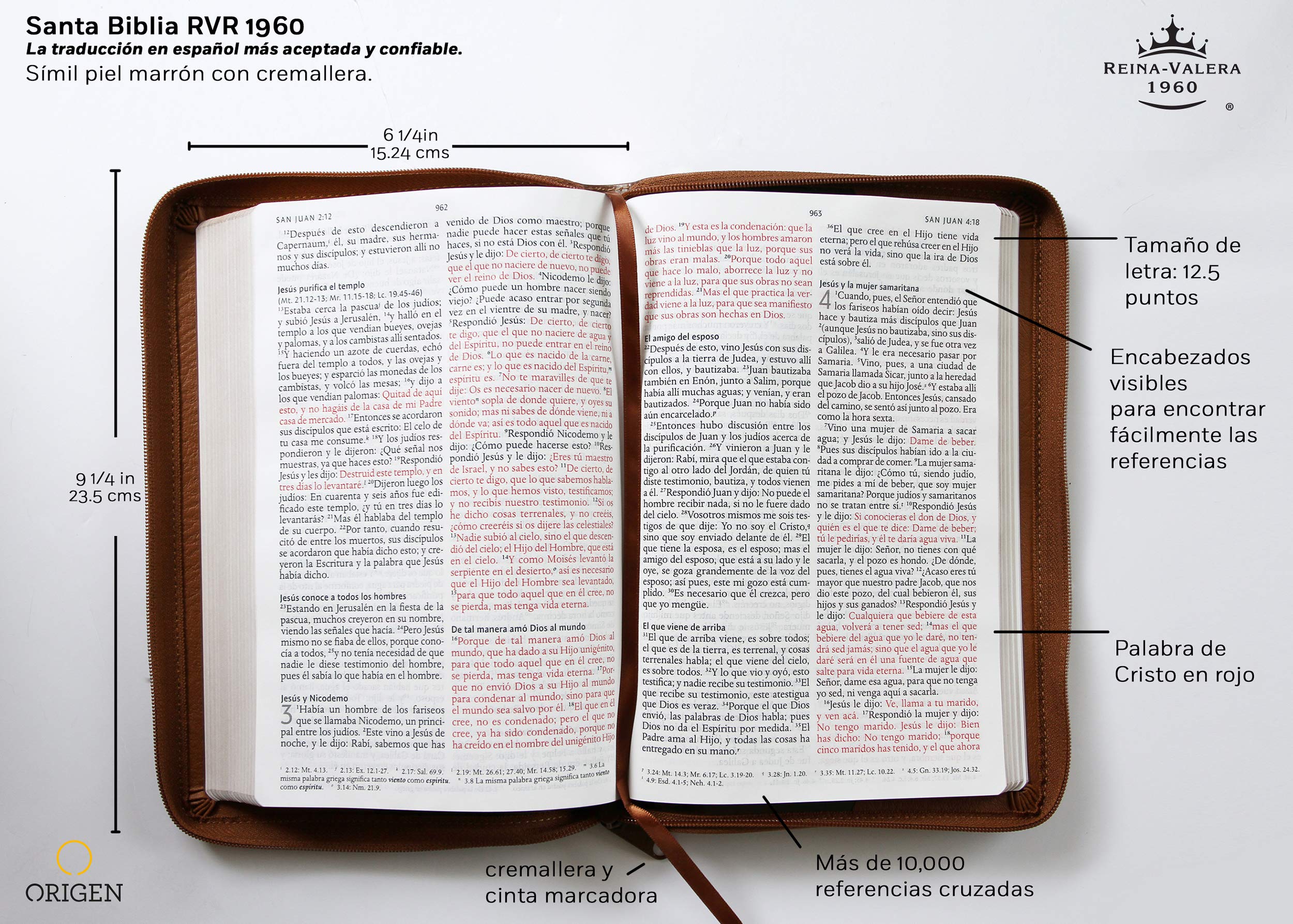Biblia Reina Valera 1960 Tamaño grande, letra grande piel canela con cremallera / Spanish Holy Bible RVR 1960. Large Size Large Print Brown Leather ... Cremallera, con Imágenes De Tierra Santa