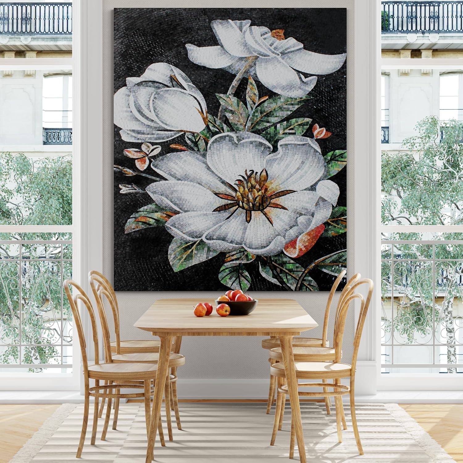 Handmade Magnolias Glass Mosaic Wall Art, Floral Tile Mosaic Artwork, Hand-Cut Natural Tile Botanical Wall Décor