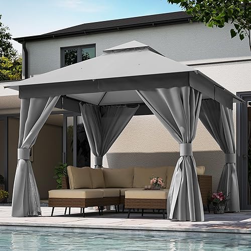 LAUSAINT HOME Semi-Permanent Outdoor Patio Gazebo 10'x10', Heavy Duty Party Tent Shelter with Double Roofs, Mosquito Nettings and Privacy Screens for Backyard, Garden, Lawn, Gray